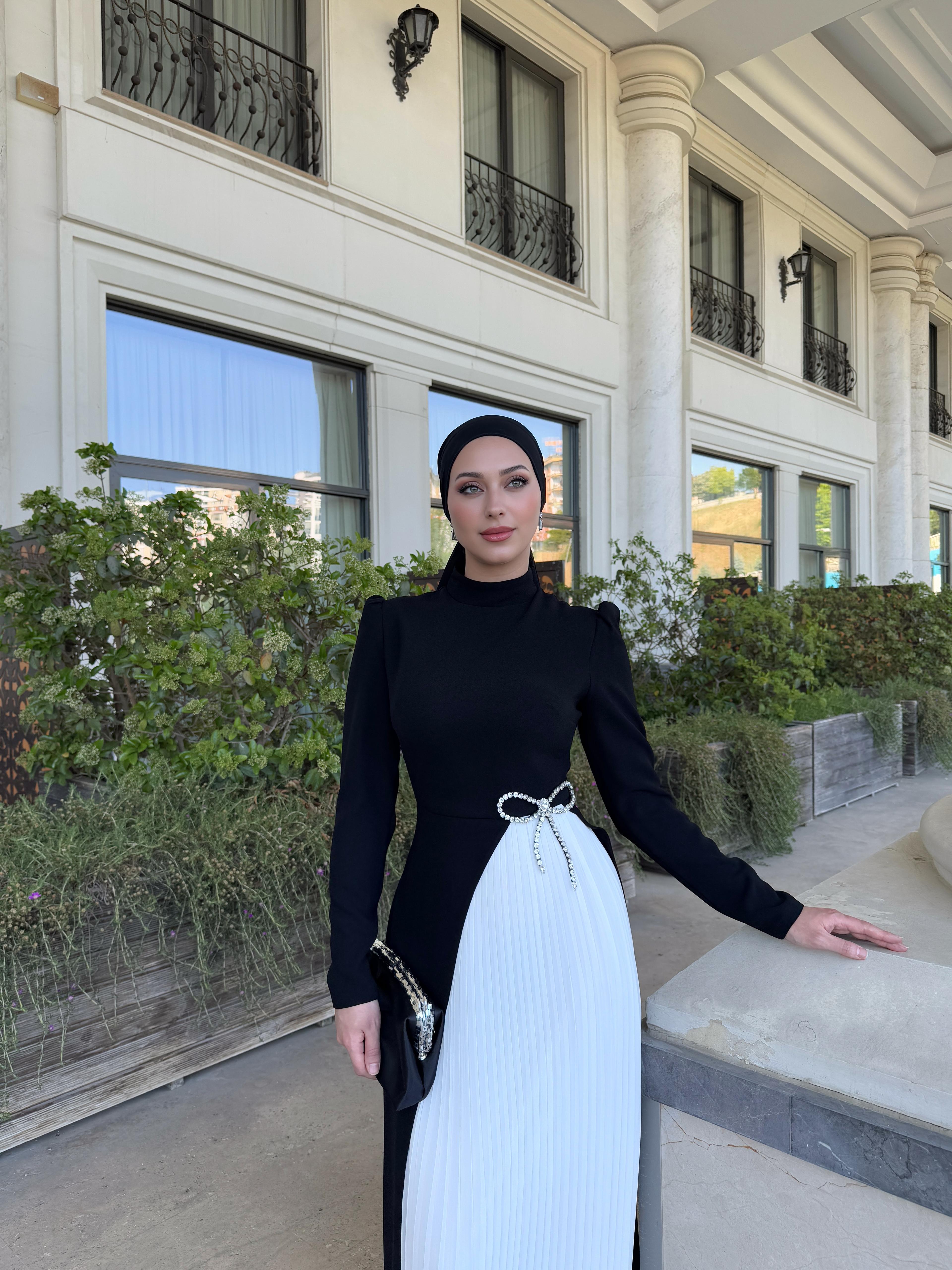 Noura Abiye Elbise - Siyah-Beyaz