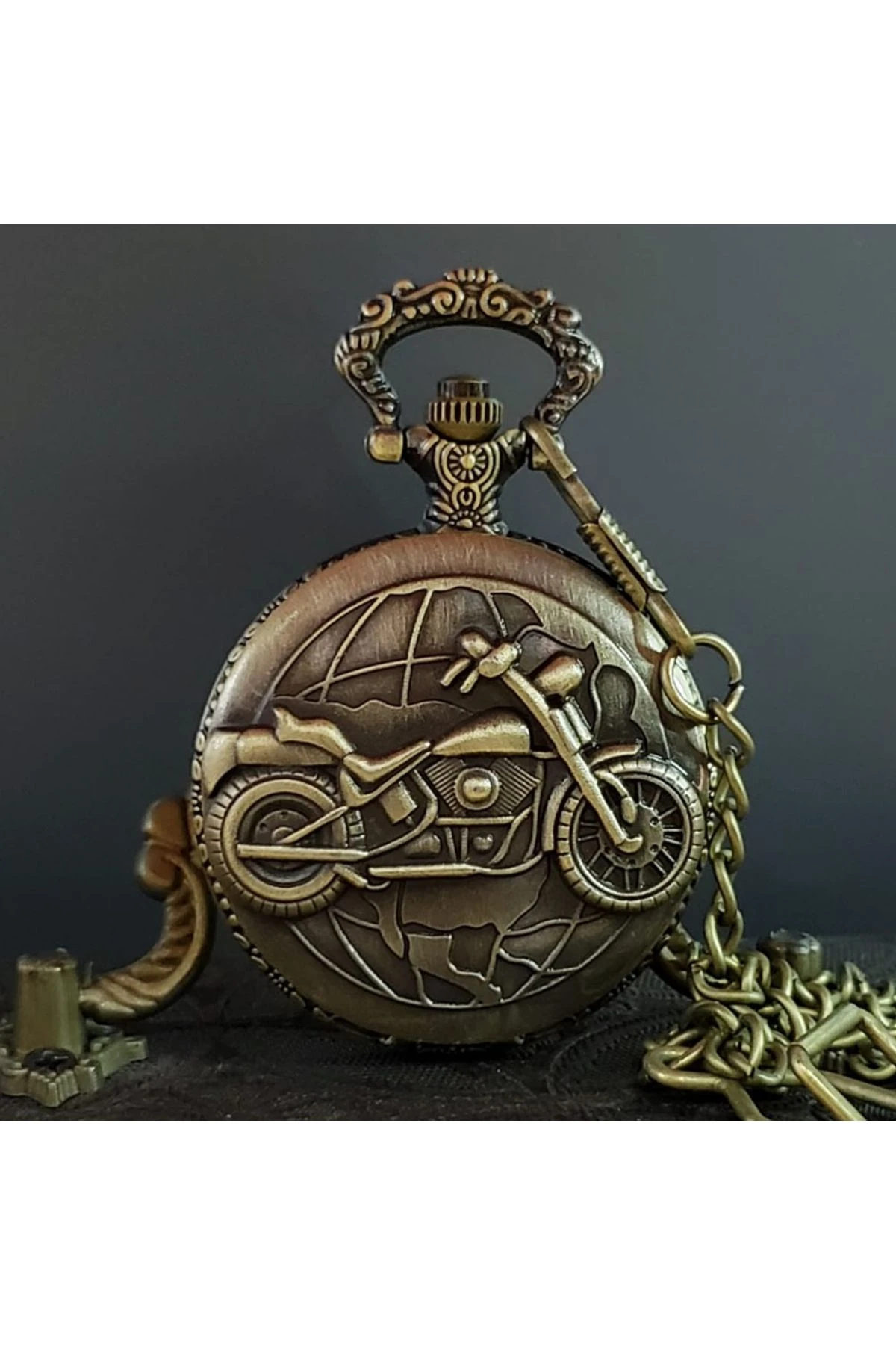 Vintage Motosiklet Tasarımlı Köstekli Cep Saati
