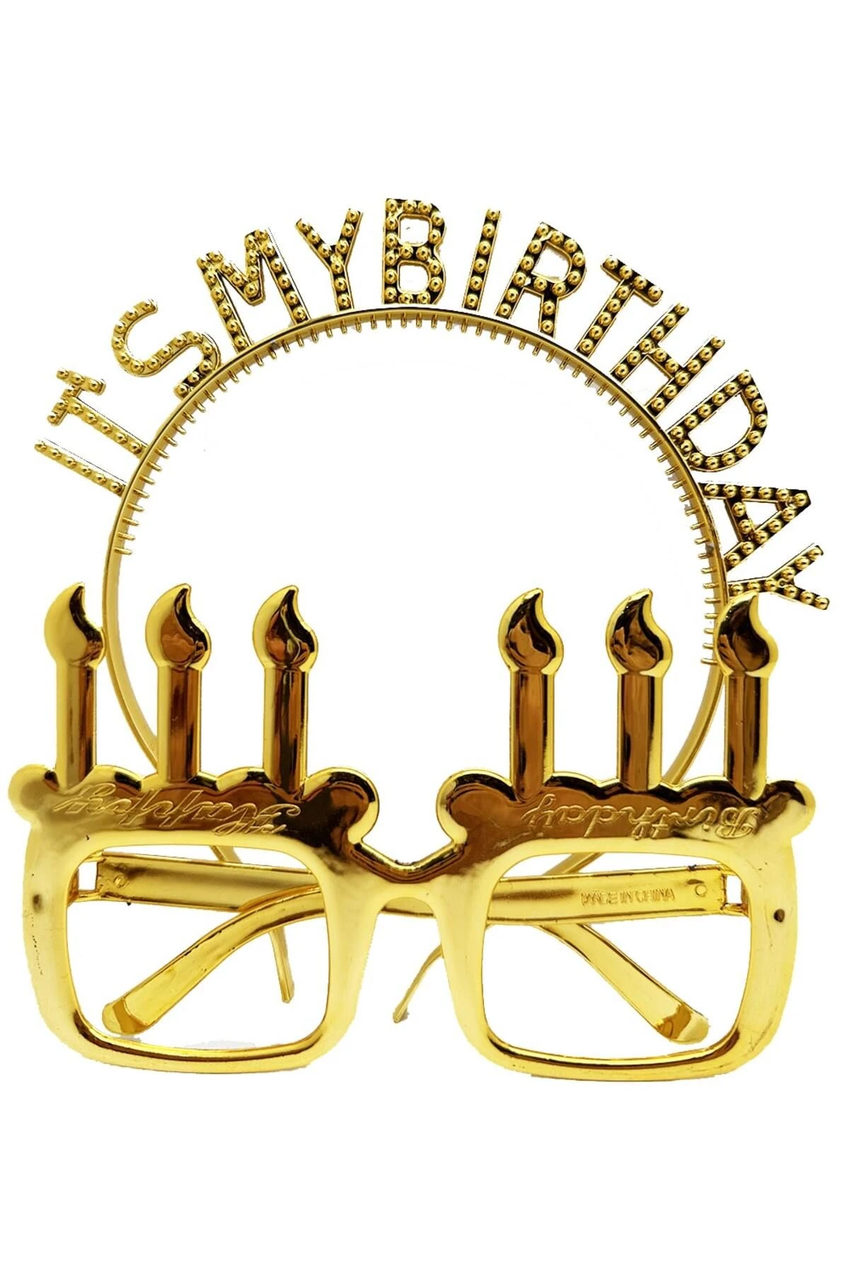 It’s My Birthday Yazılı Taç ve Mum Şekilli Gözlük Seti – Altın Renk