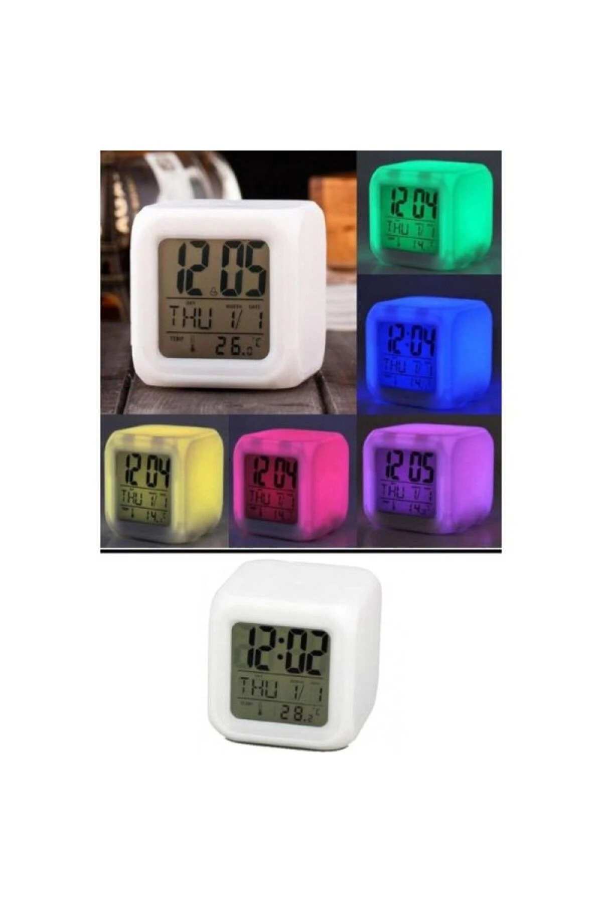 7 Renk Değiştiren Alarmlı Dijital Küp Saat