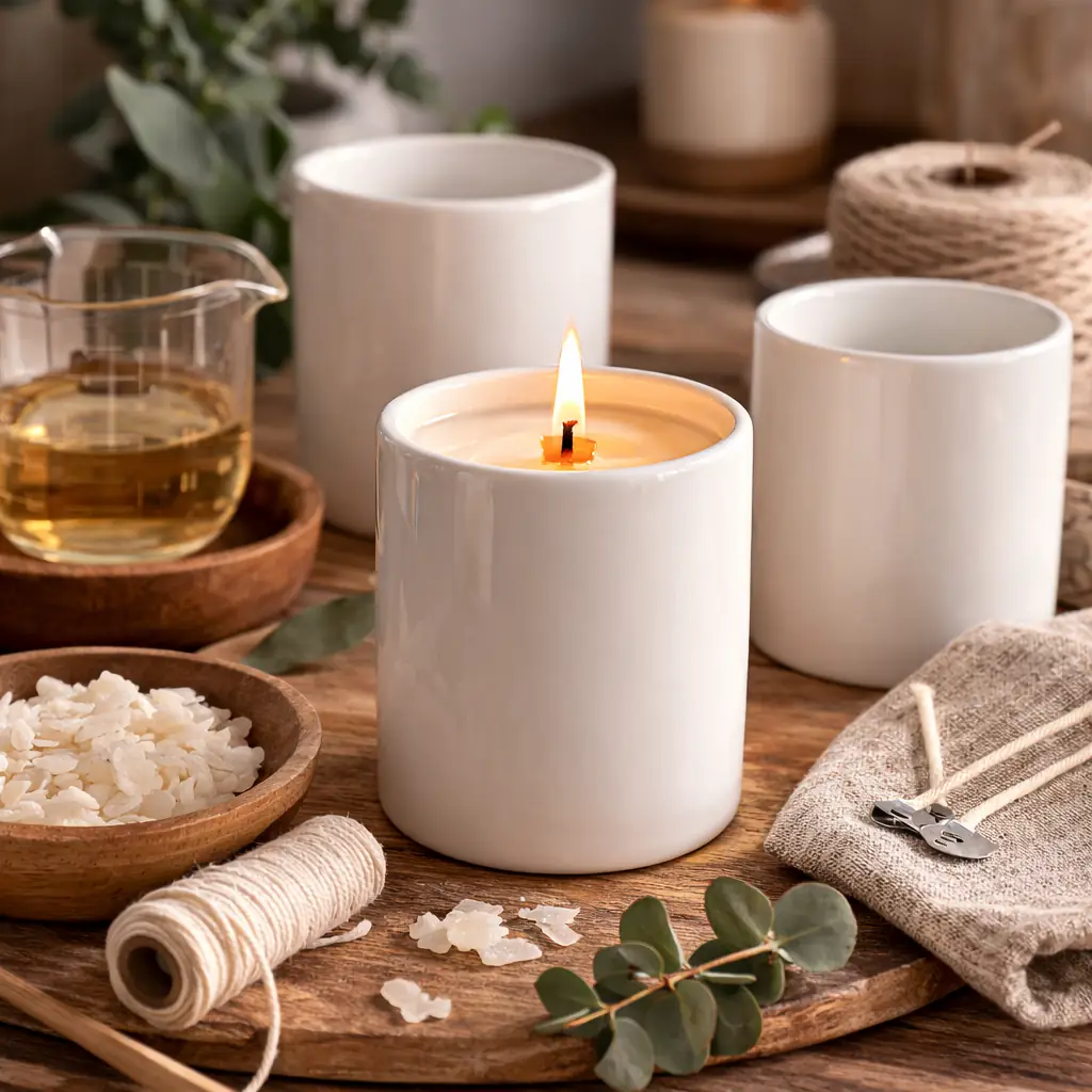 Evde mum yapımı için kullanılan beyaz seramik mum kabı