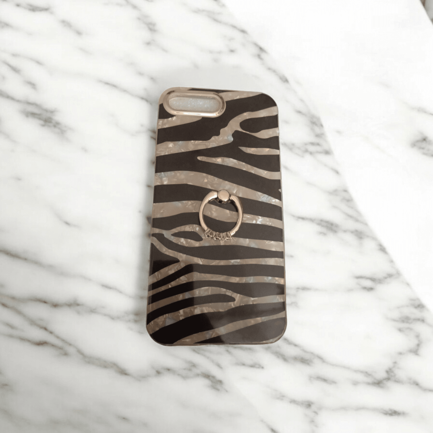 İphone 7-8 Plus Zebra&Leopar Desenli Taşlı Yüzük Stantlı-Simli