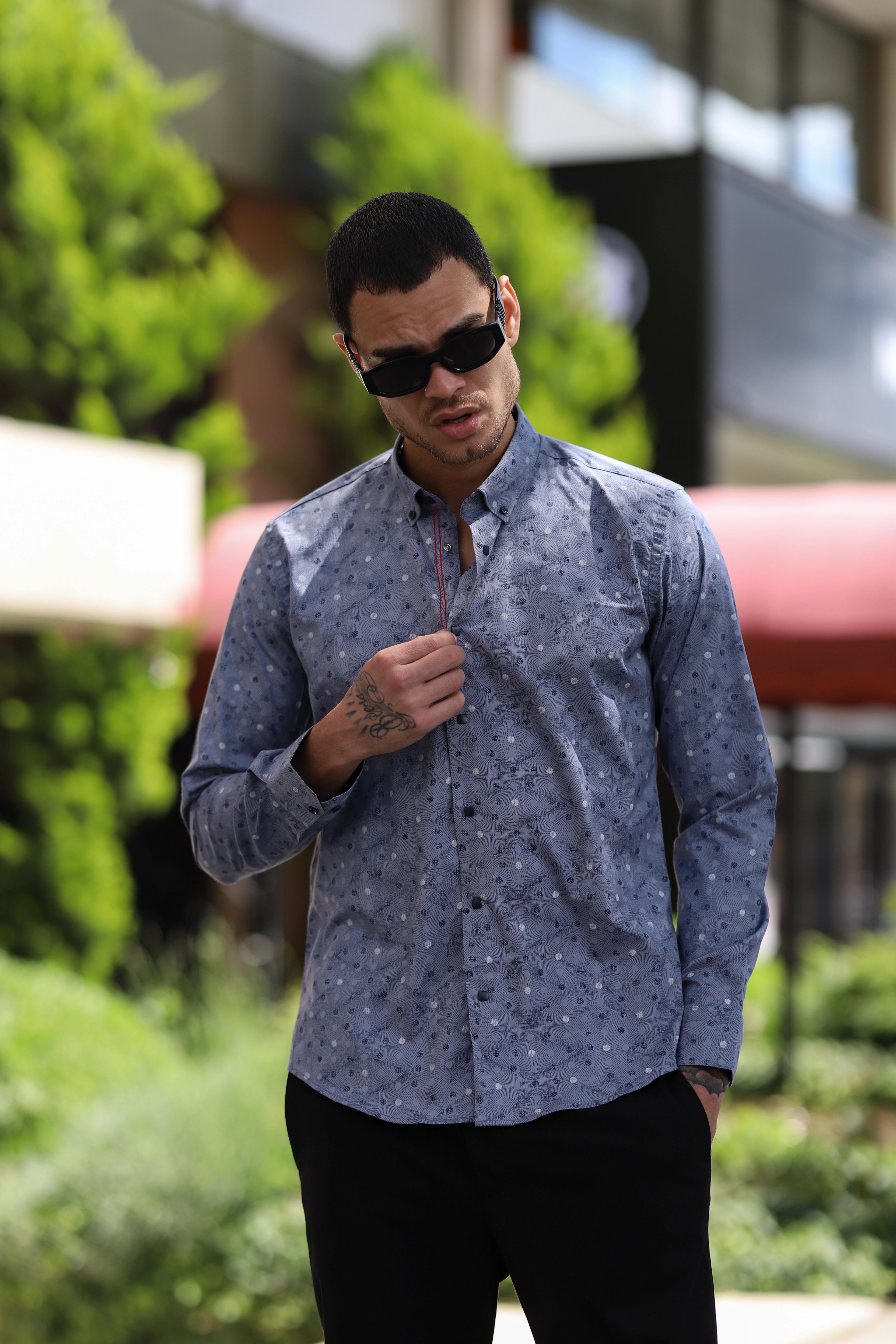 Slim Fit Çıtçıtlı Baskılı Likra Gömlek - Gri