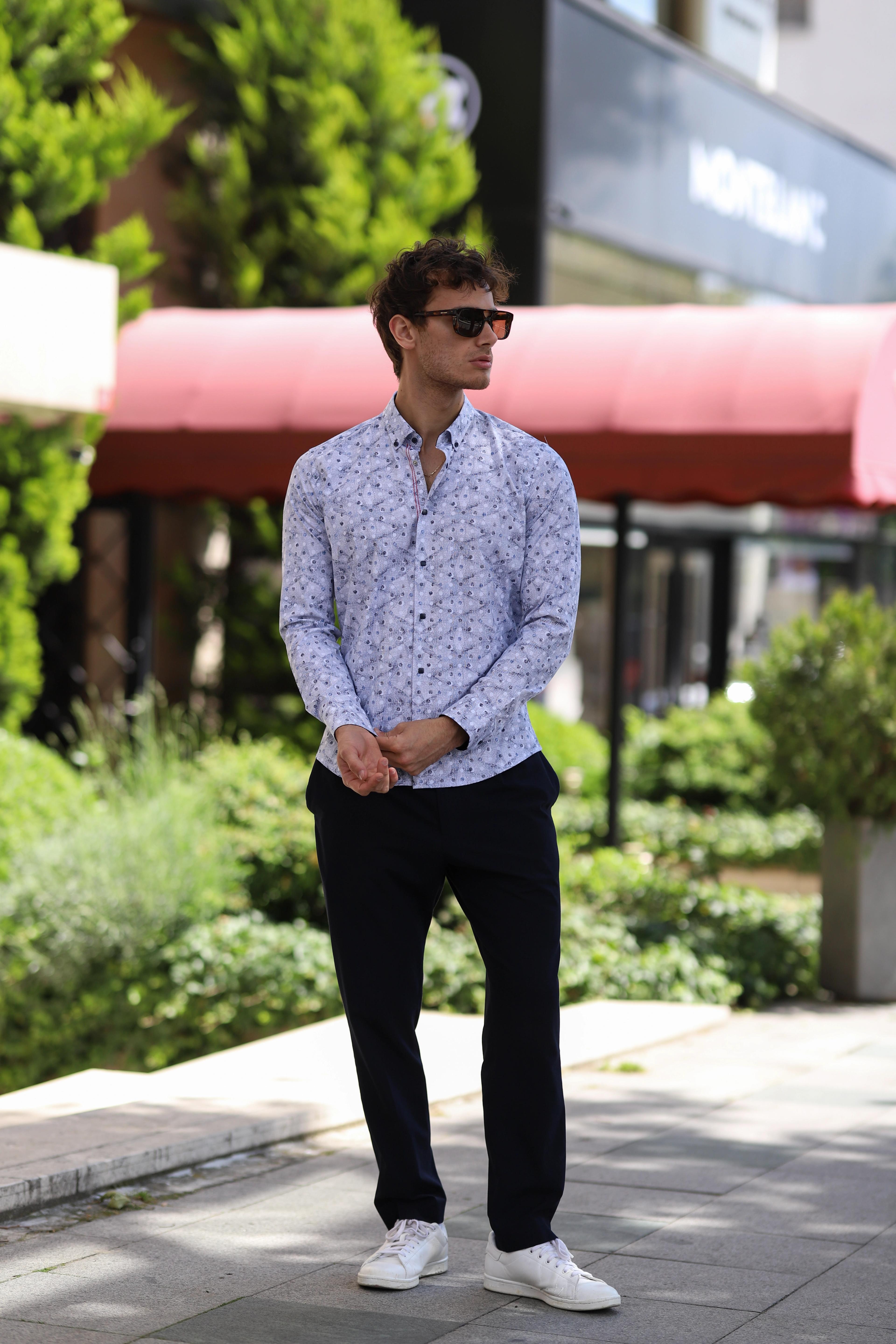 Slim Fit Çıtçıtlı Baskılı Likra Gömlek