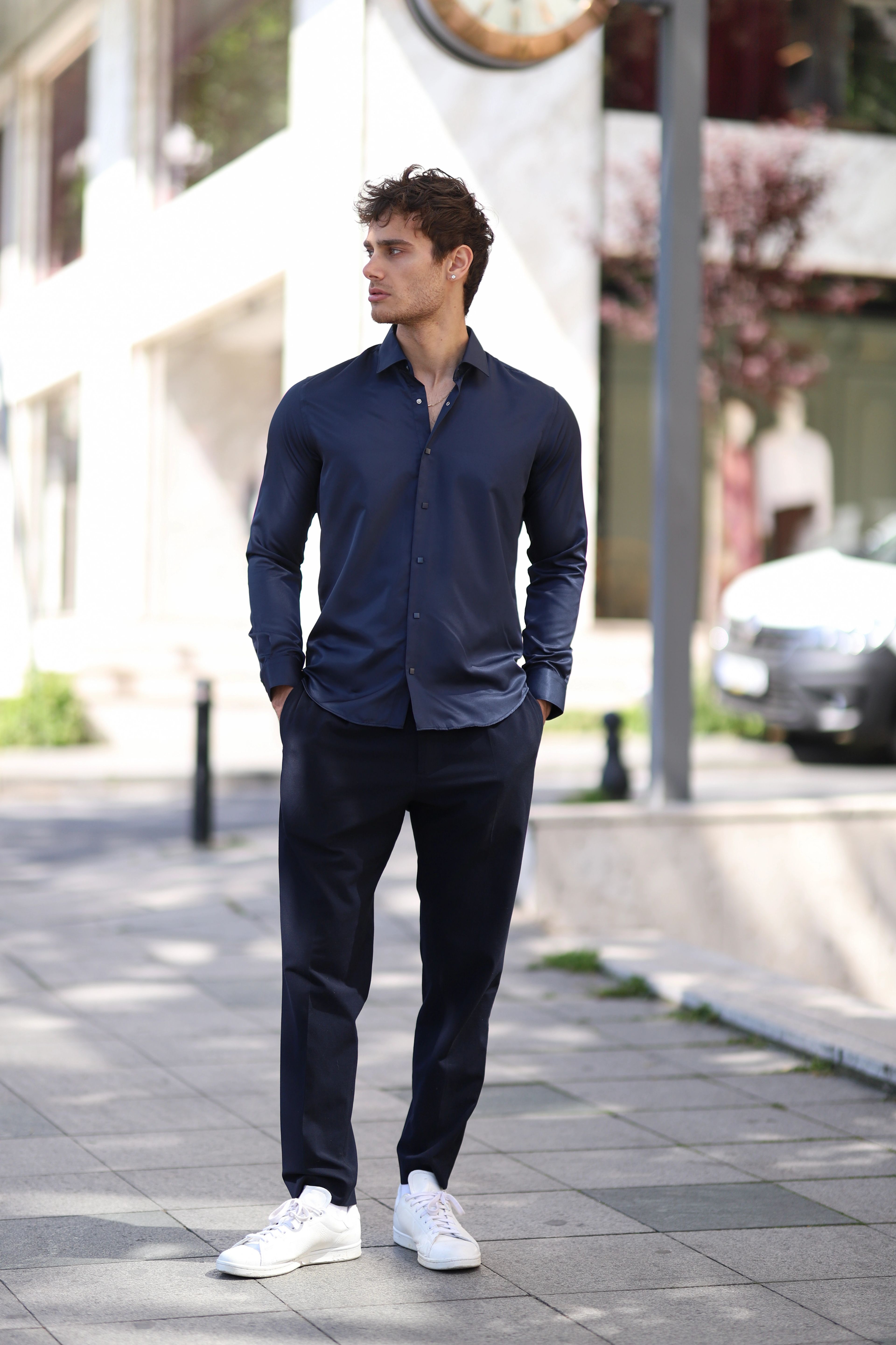 Slim Fit Çıtçıtlı Saten Gömlek - Lacivert
