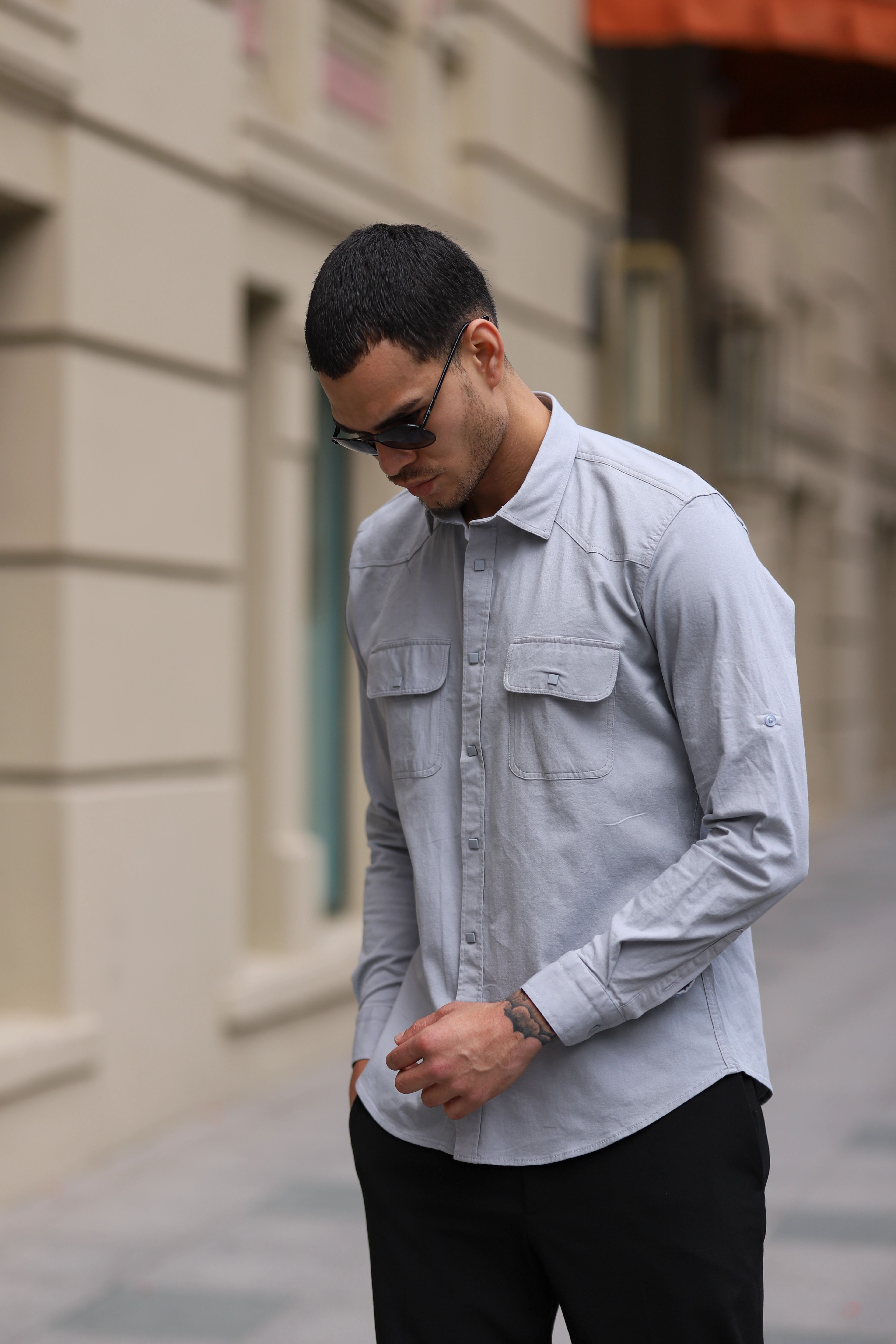 Slim Fit Çıtçıtlı Çift Cepli Gabardin Likra Gömlek - Gri