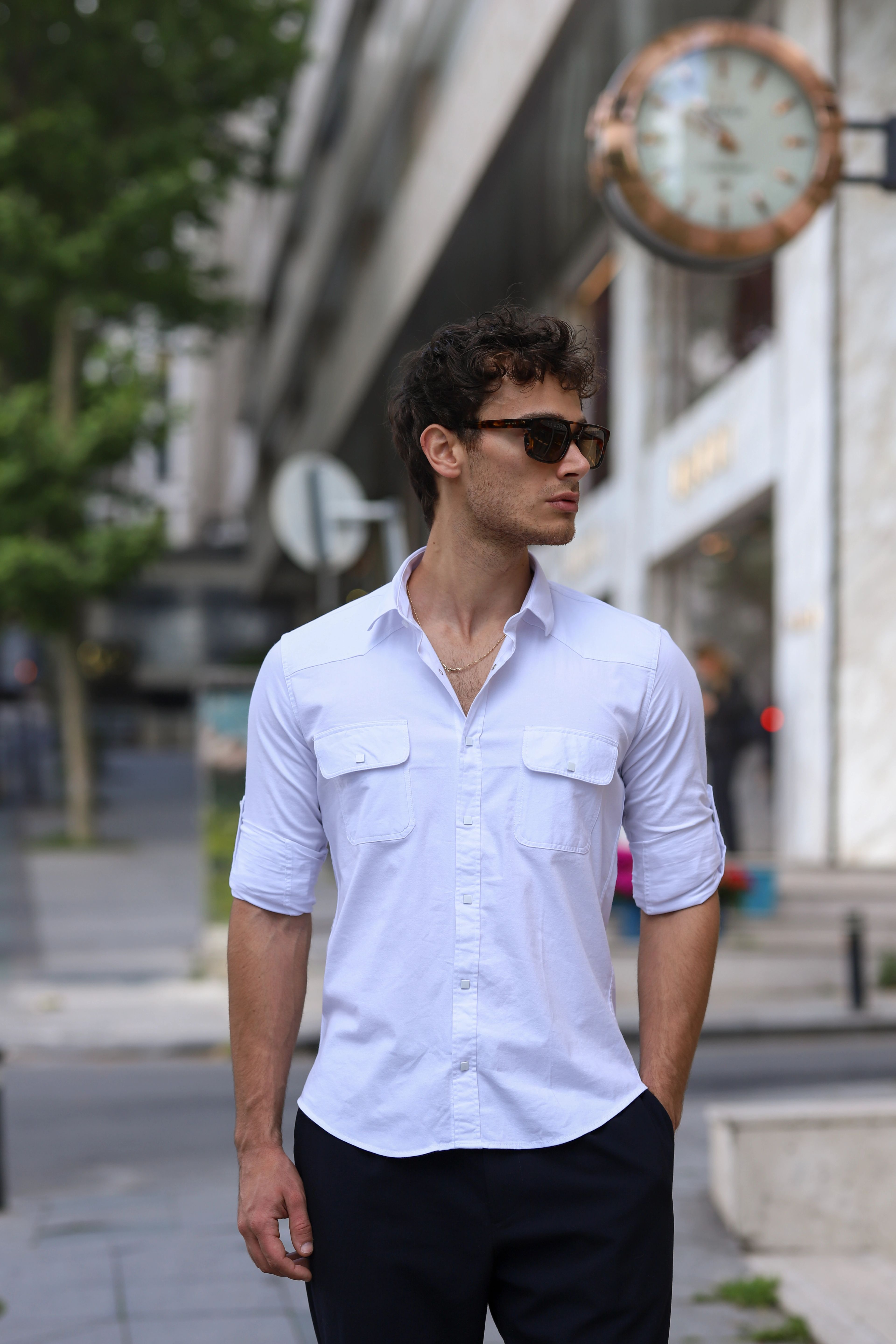 Slim Fit Çıtçıtlı Çift Cepli Gabardin Likra Gömlek