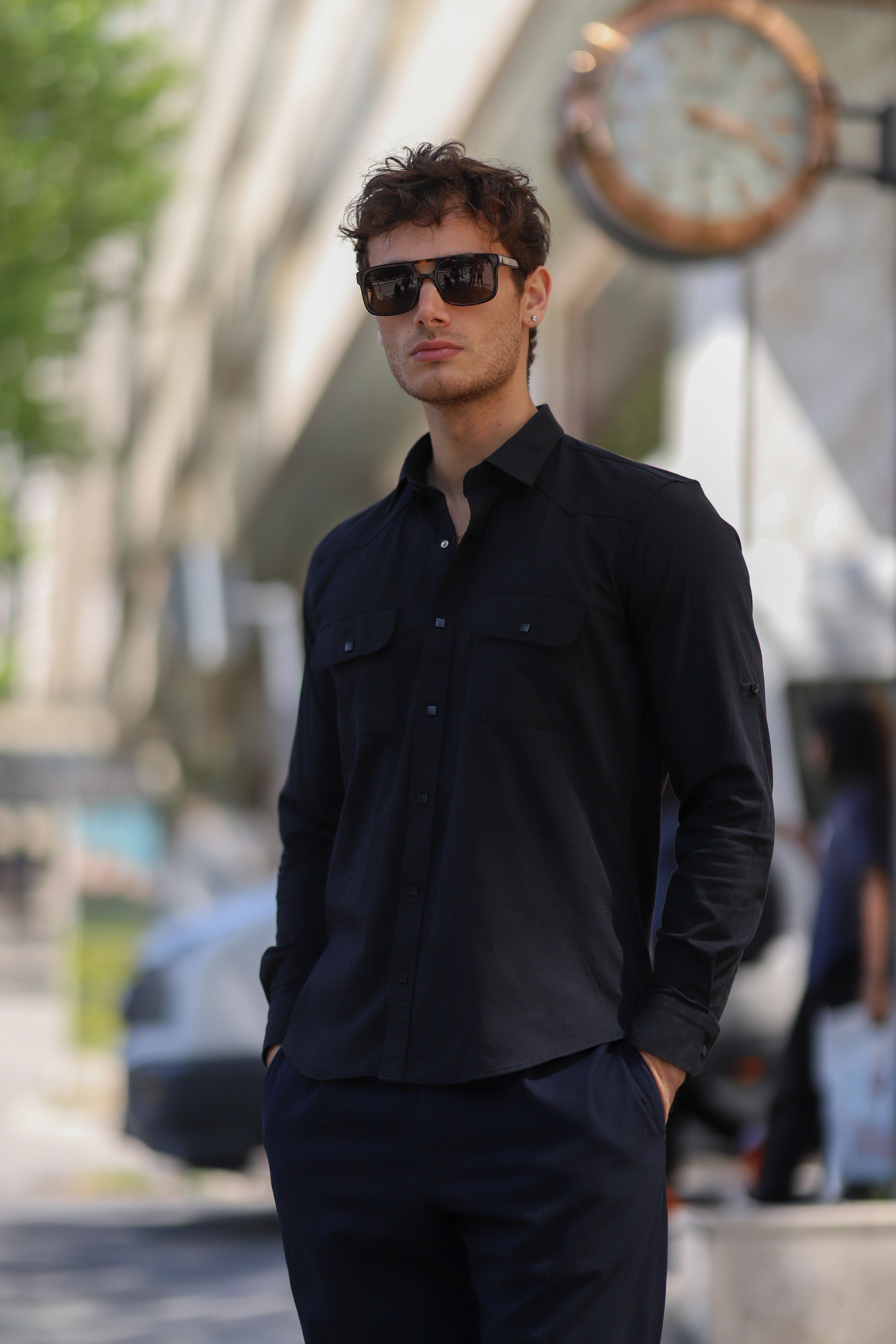 Slim Fit Çıtçıtlı Çift Cepli Gabardin Likra Gömlek - Siyah