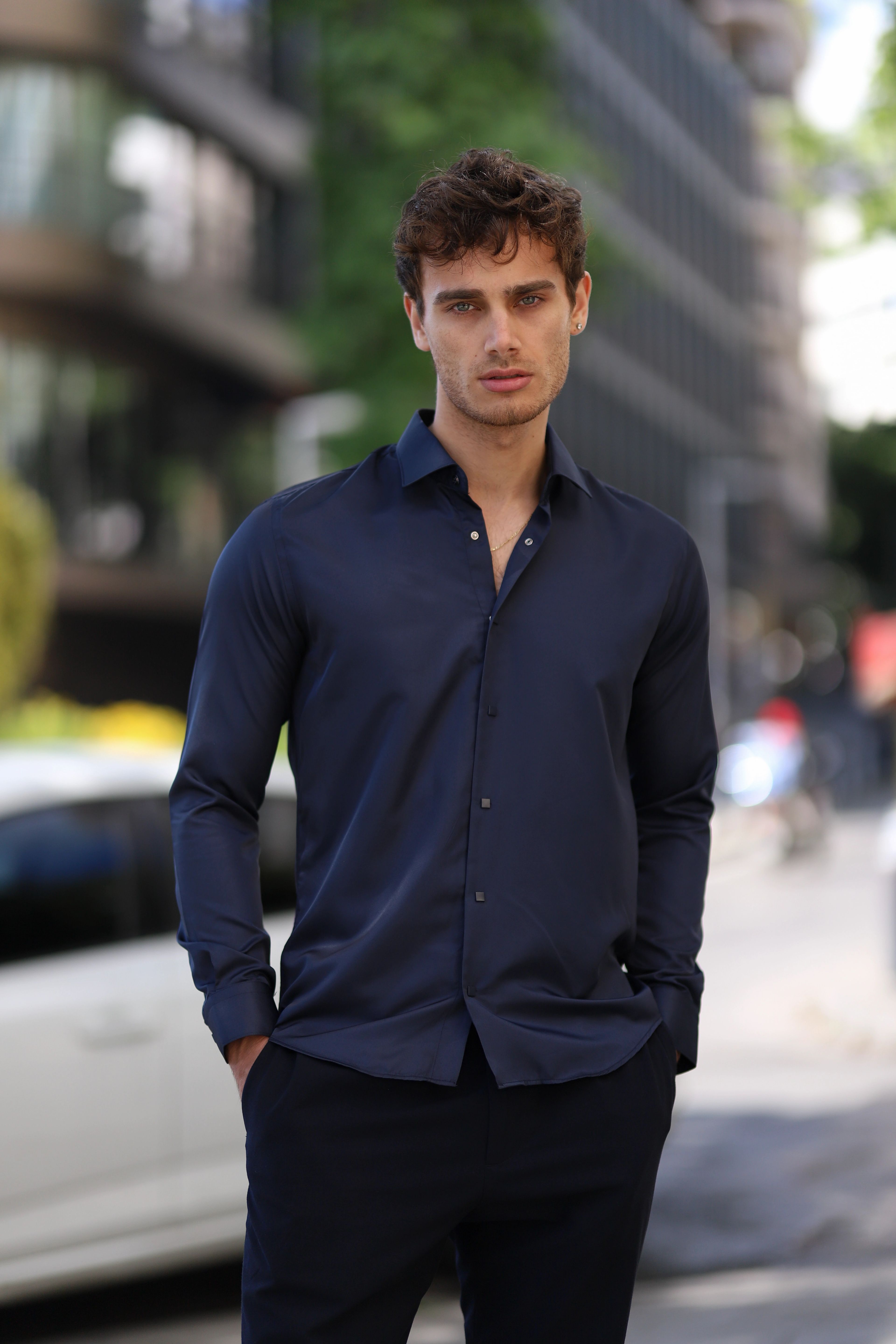 Slim Fit Çıtçıtlı Saten Gömlek