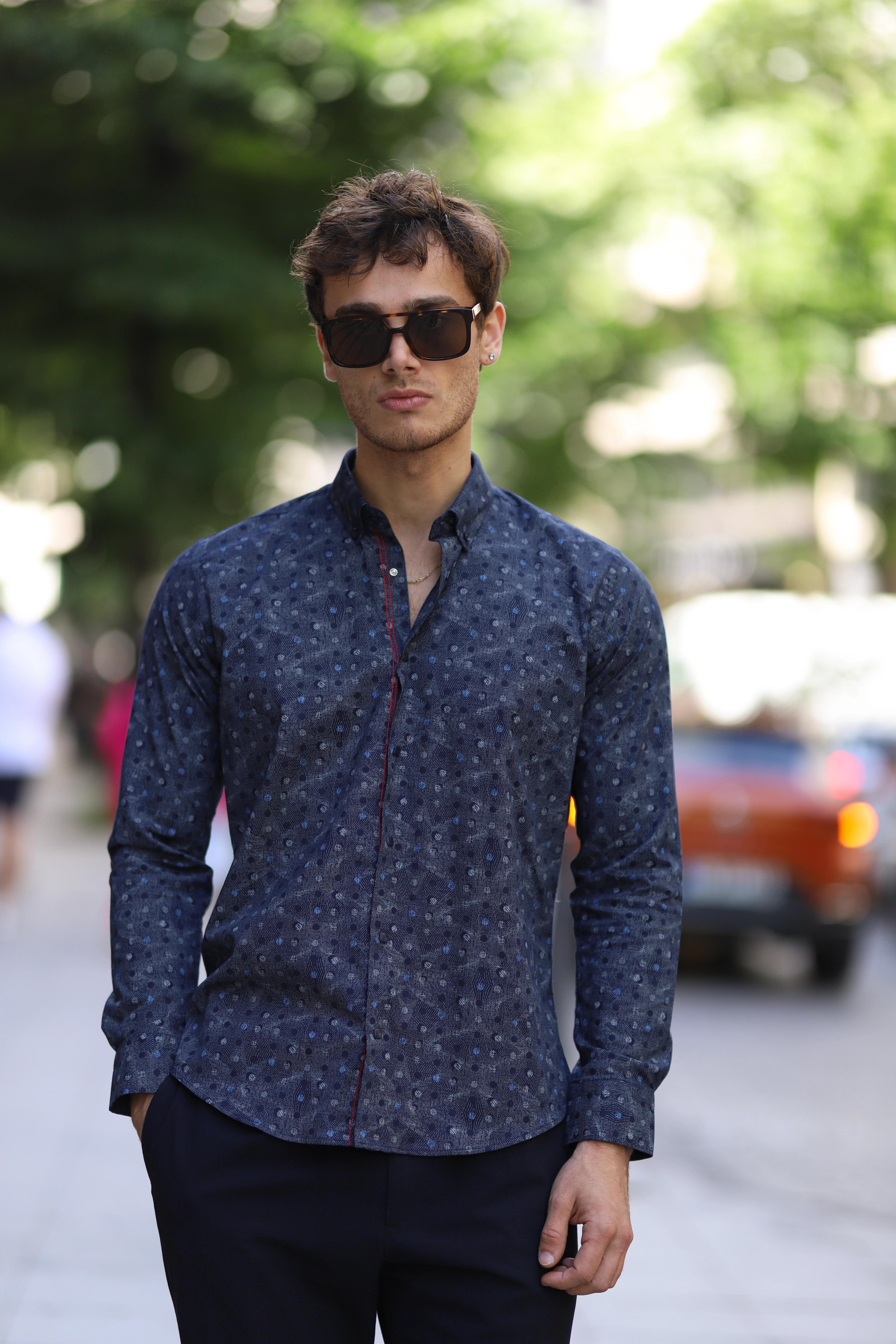 Slim Fit Çıtçıtlı Baskılı Likra Gömlek - Lacivert