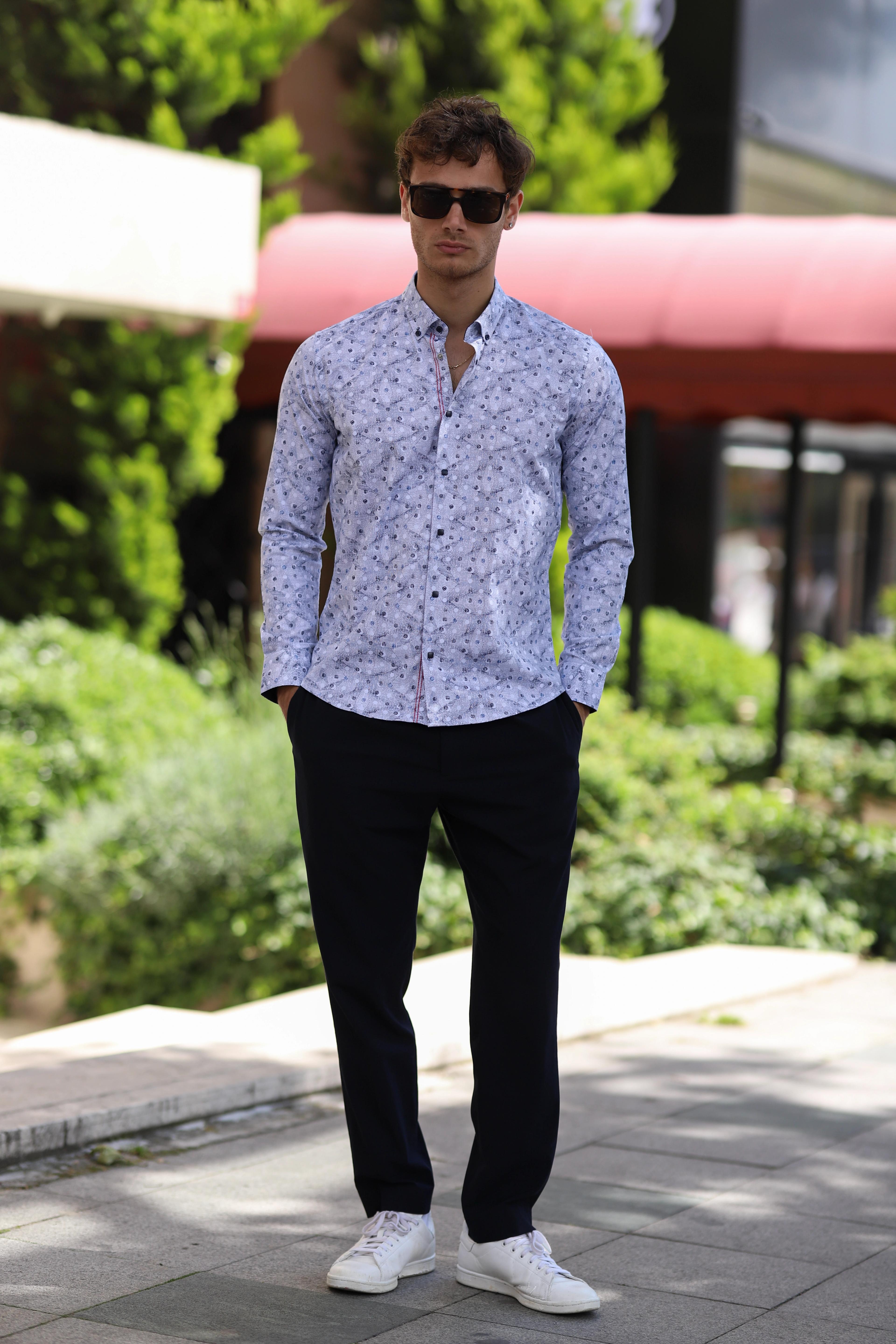 Slim Fit Çıtçıtlı Baskılı Likra Gömlek