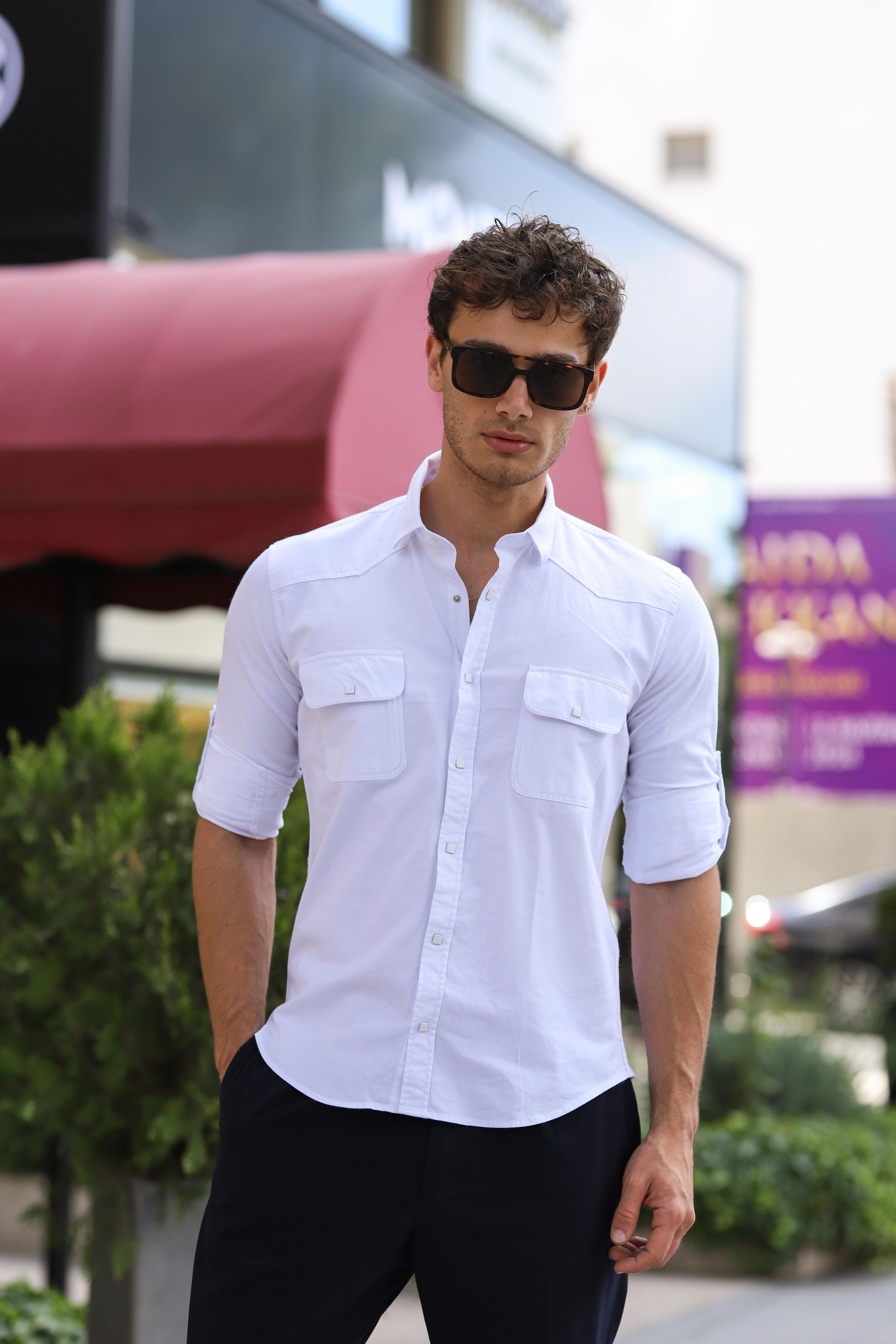 Slim Fit Çıtçıtlı Çift Cepli Gabardin Likra Gömlek
