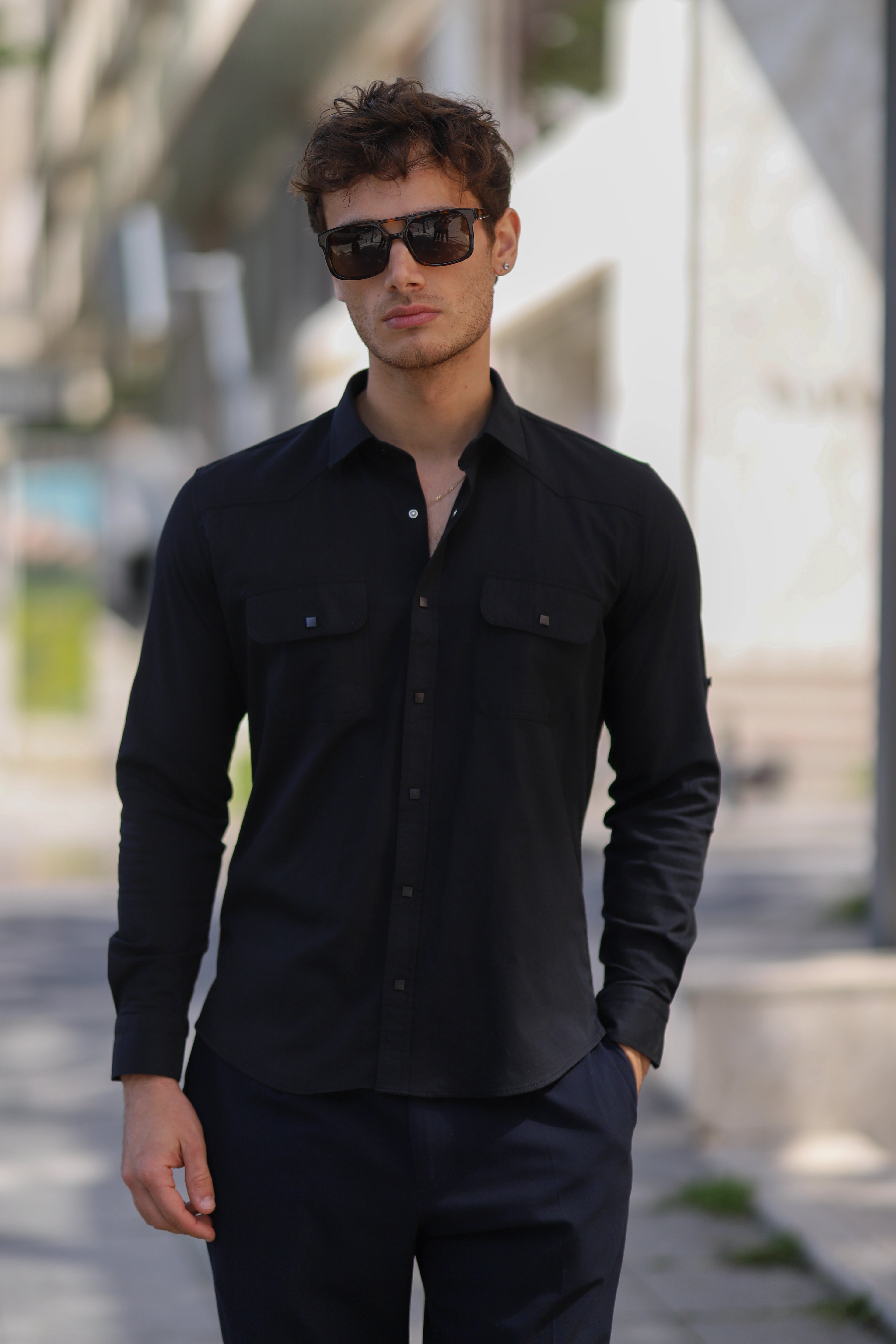 Slim Fit Çıtçıtlı Çift Cepli Gabardin Likra Gömlek