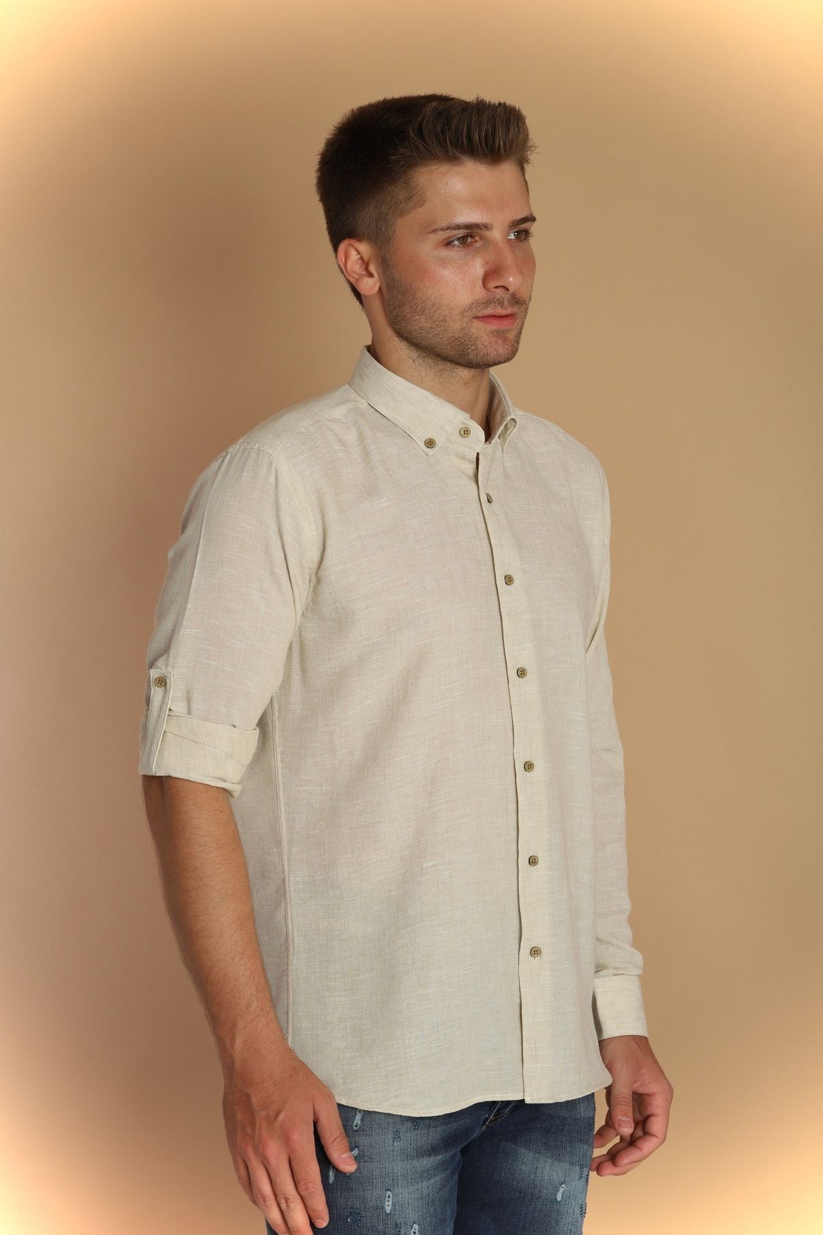 Slim Fit Apoletli Keten Gömlek