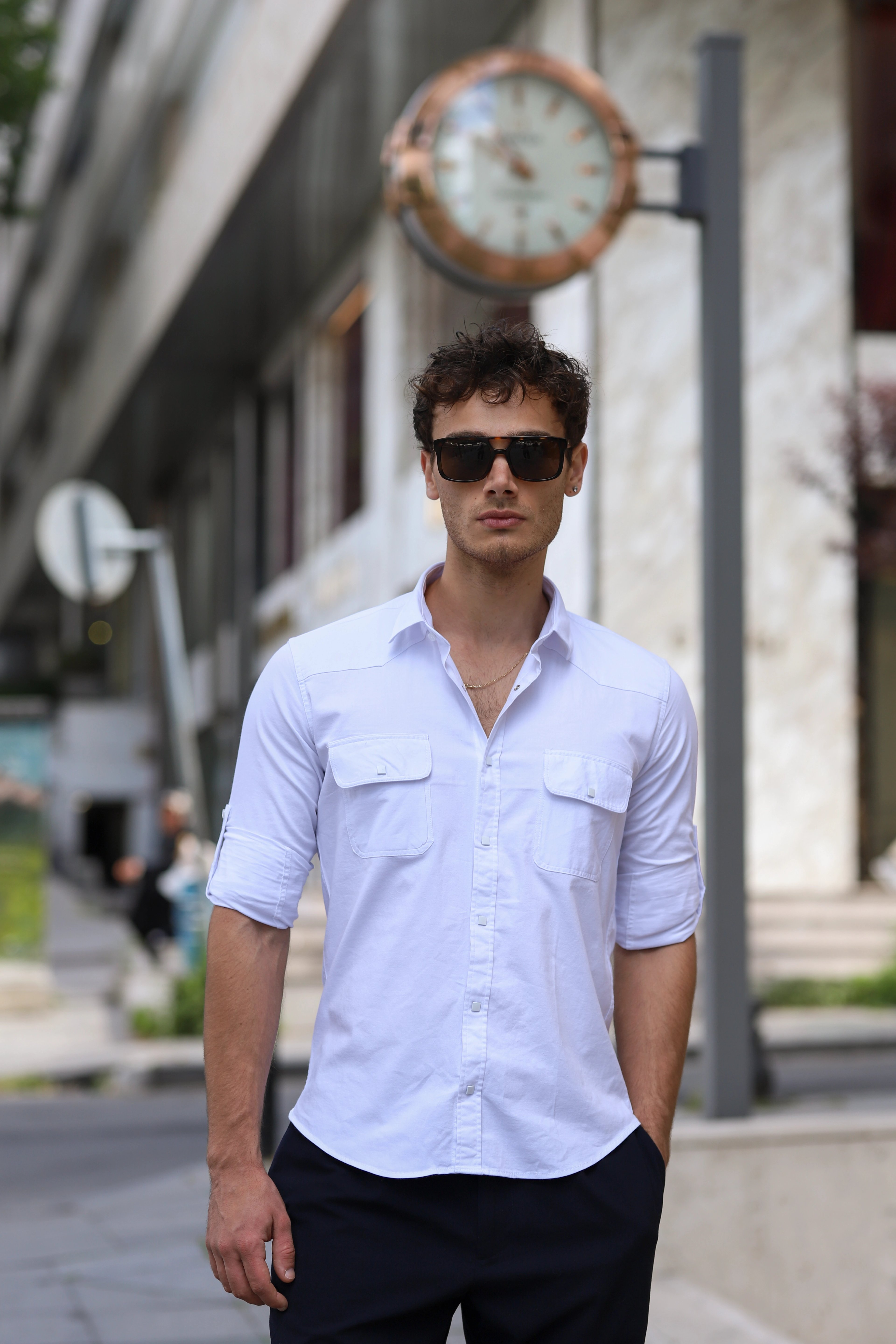 Slim Fit Çıtçıtlı Çift Cepli Gabardin Likra Gömlek