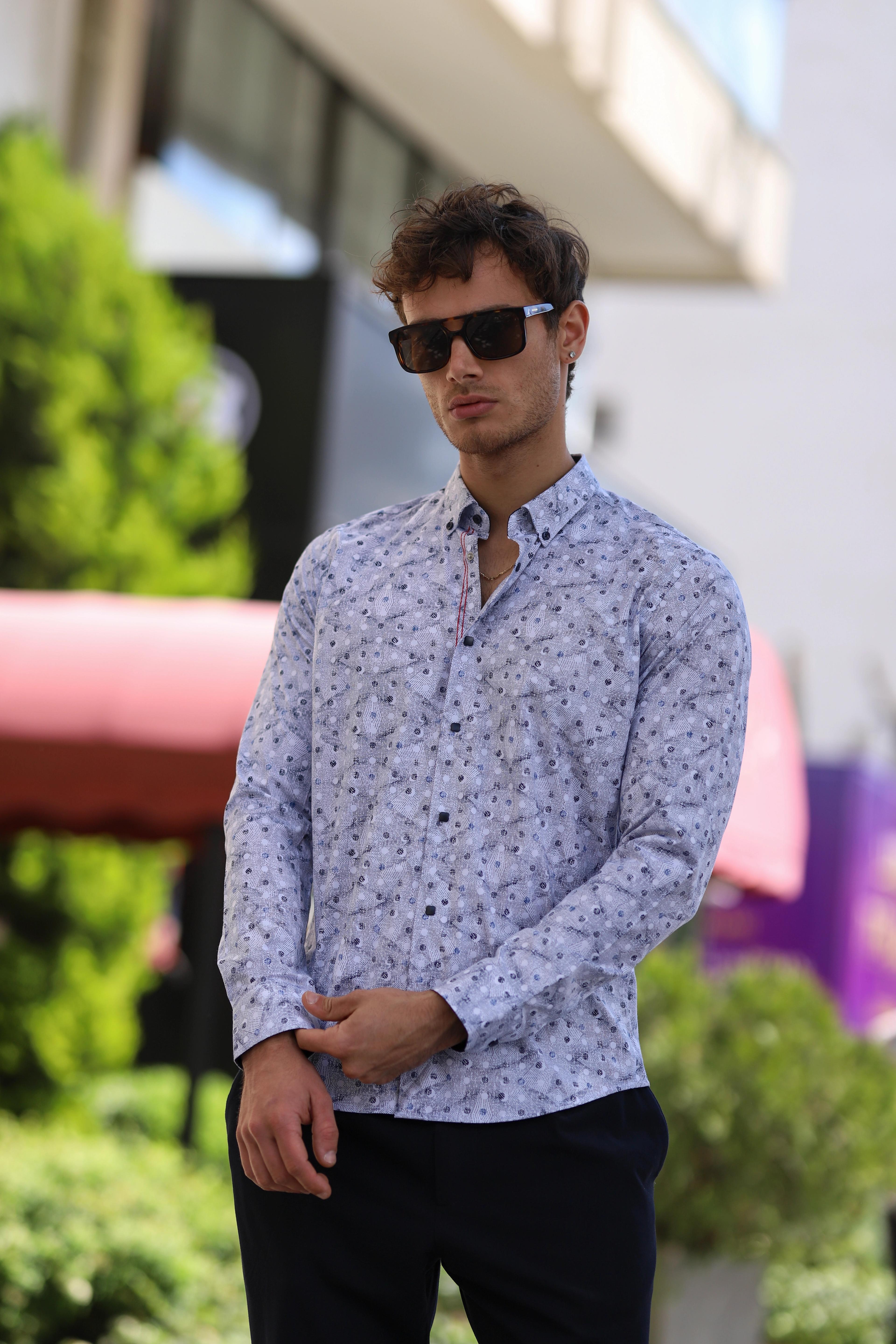 Slim Fit Çıtçıtlı Baskılı Likra Gömlek - Beyaz