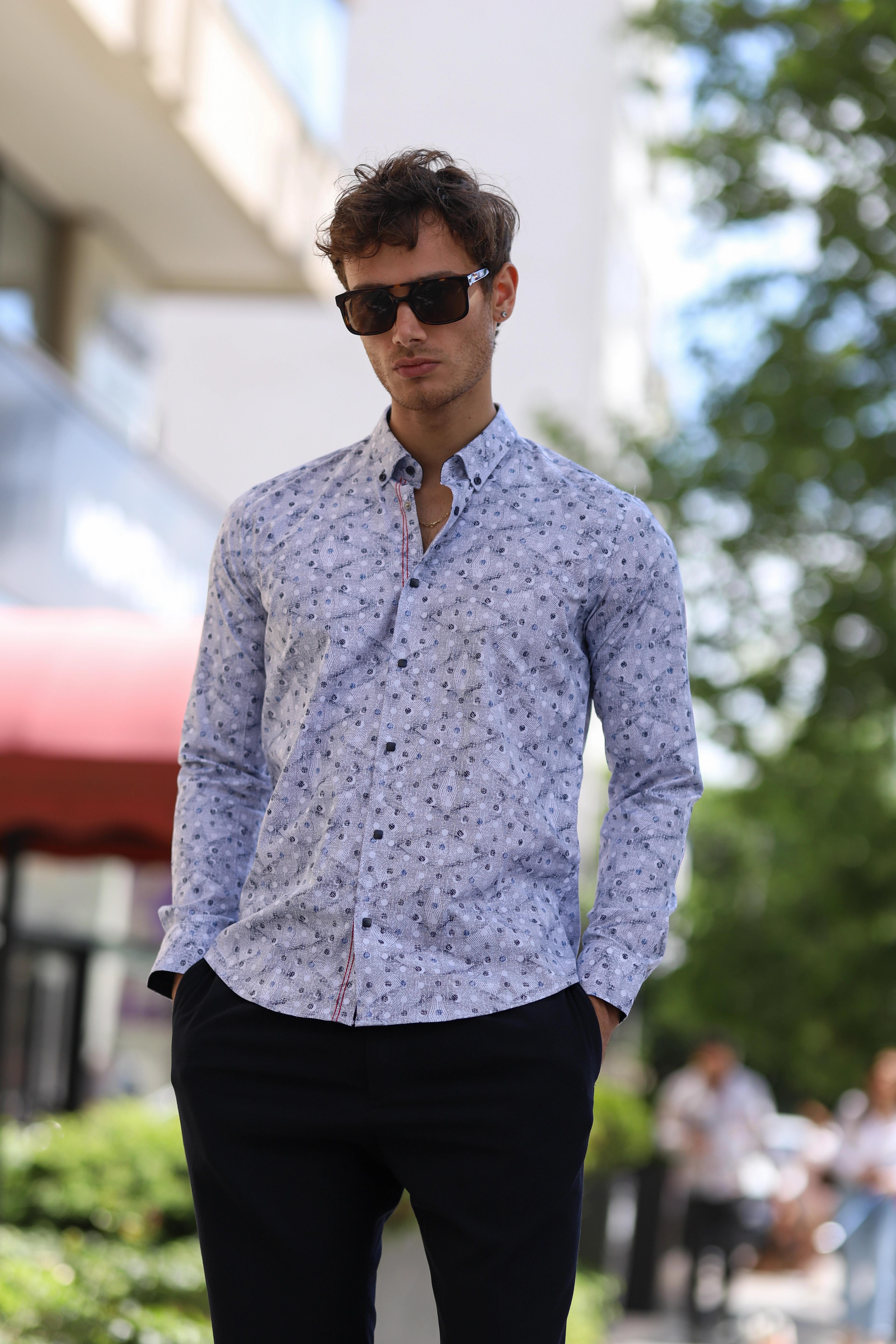 Slim Fit Çıtçıtlı Baskılı Likra Gömlek