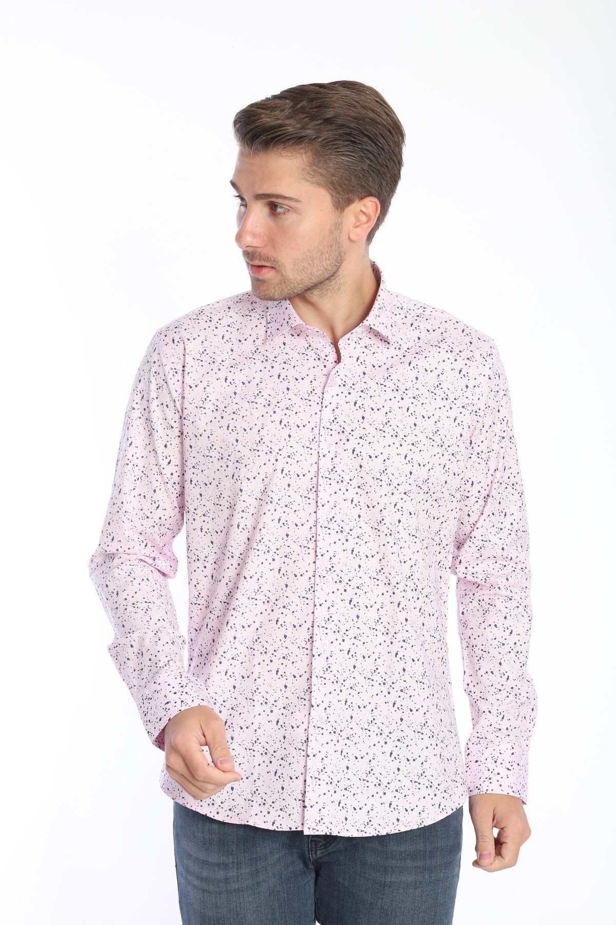 Slim Fit Baskılı Likra Gömlek - pembe 25