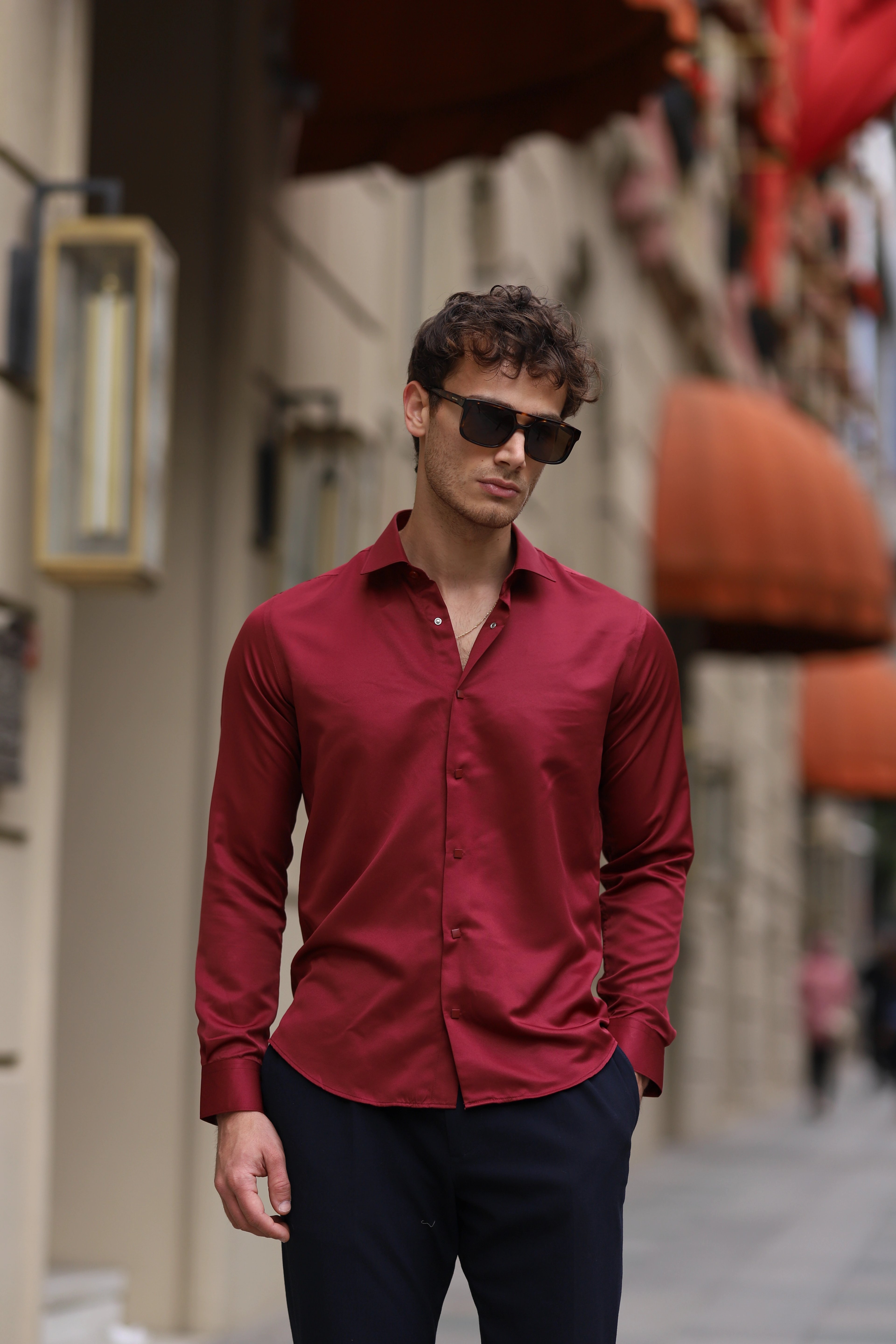 Slim Fit Çıtçıtlı Saten Gömlek