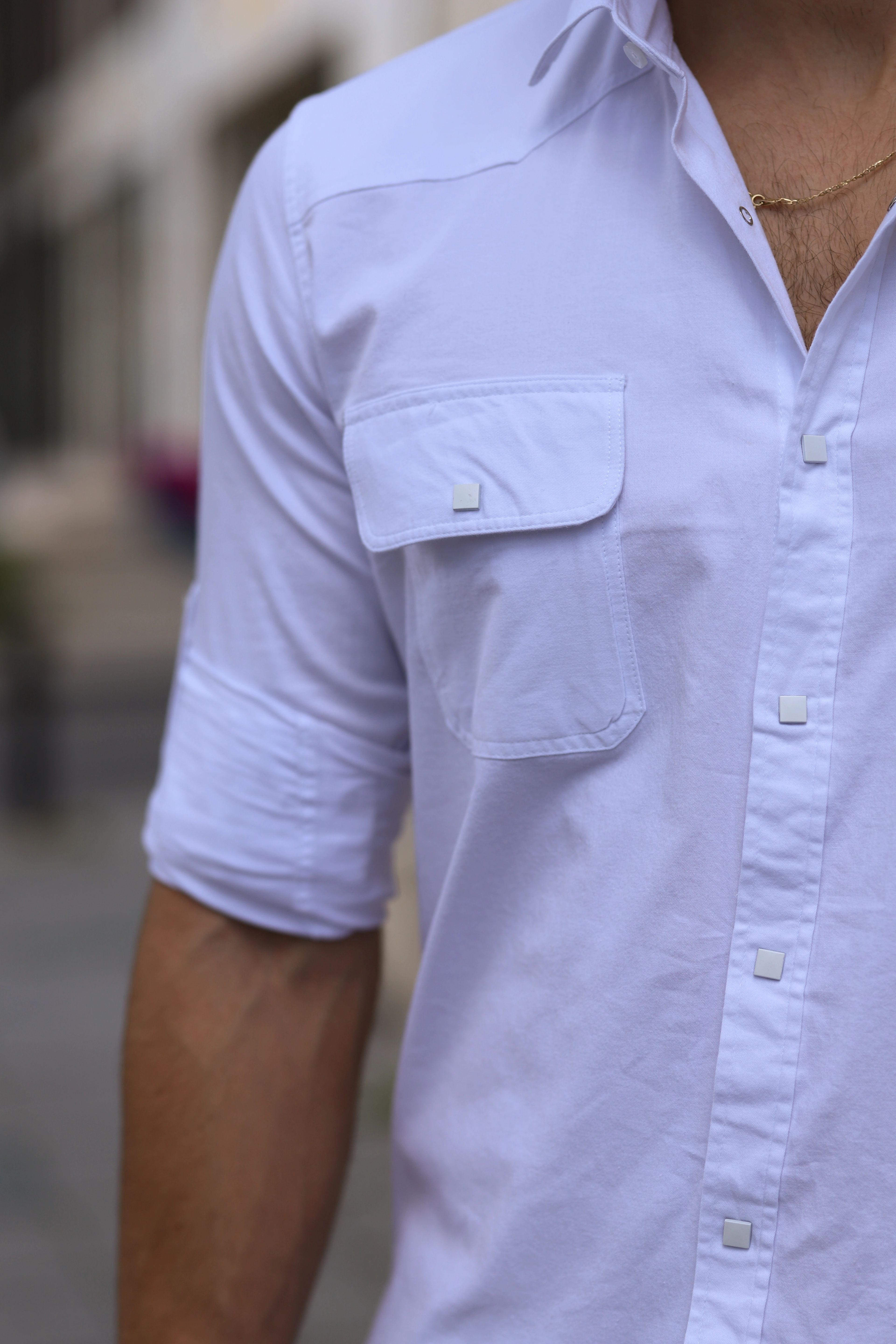Slim Fit Çıtçıtlı Çift Cepli Gabardin Likra Gömlek