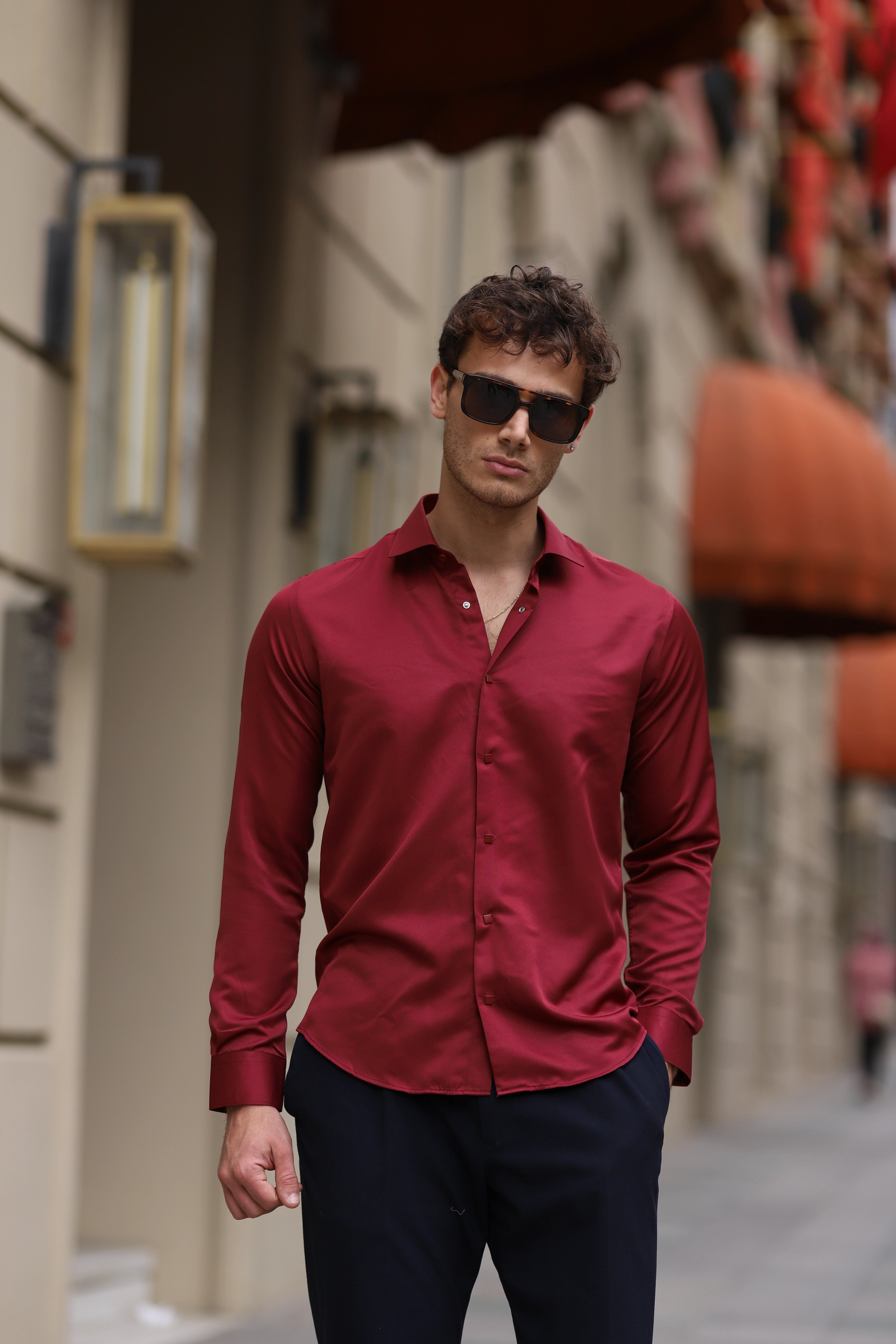 Slim Fit Çıtçıtlı Saten Gömlek - Bordo