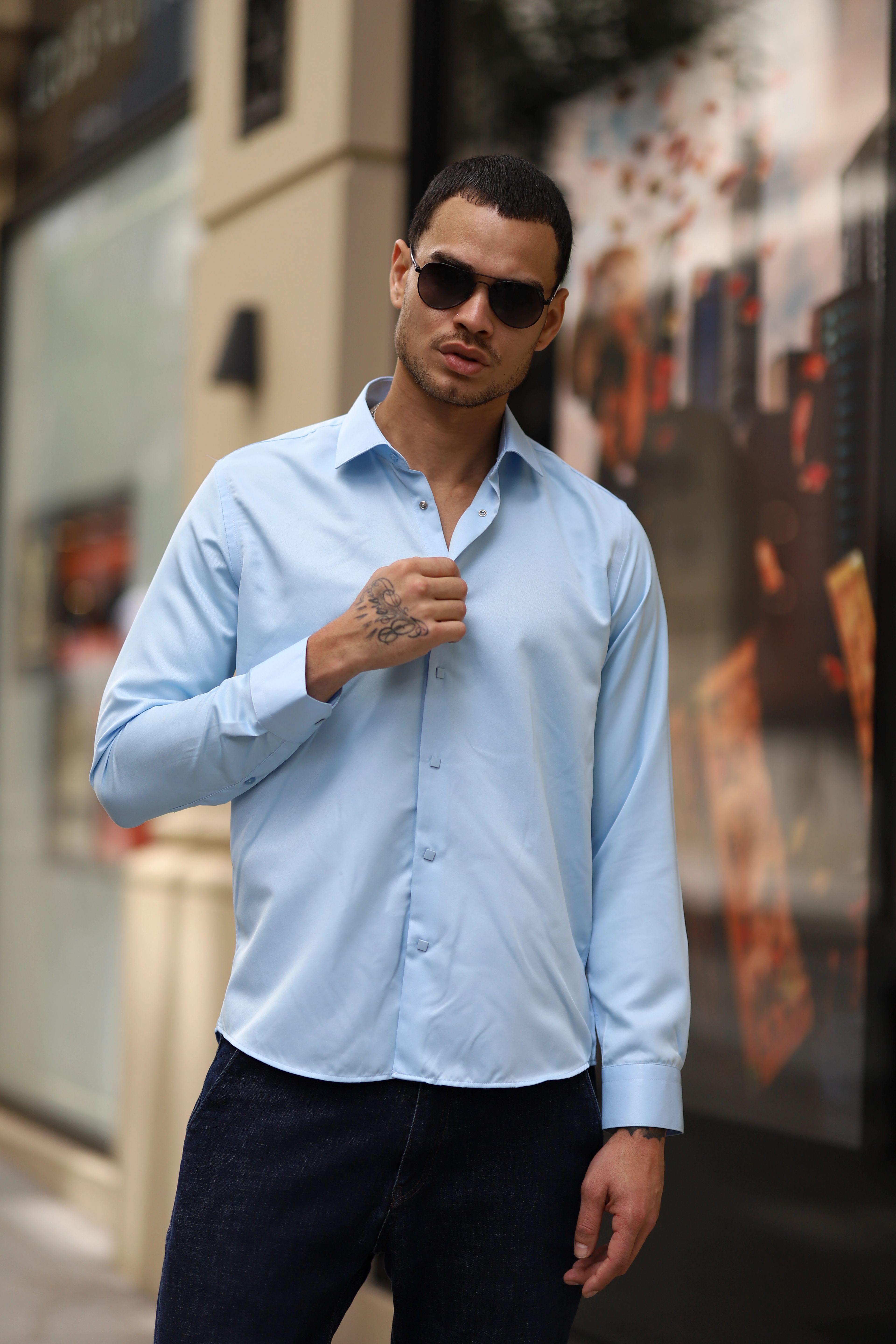 Slim Fit Çıtçıtlı Saten Gömlek - Açık Mavi