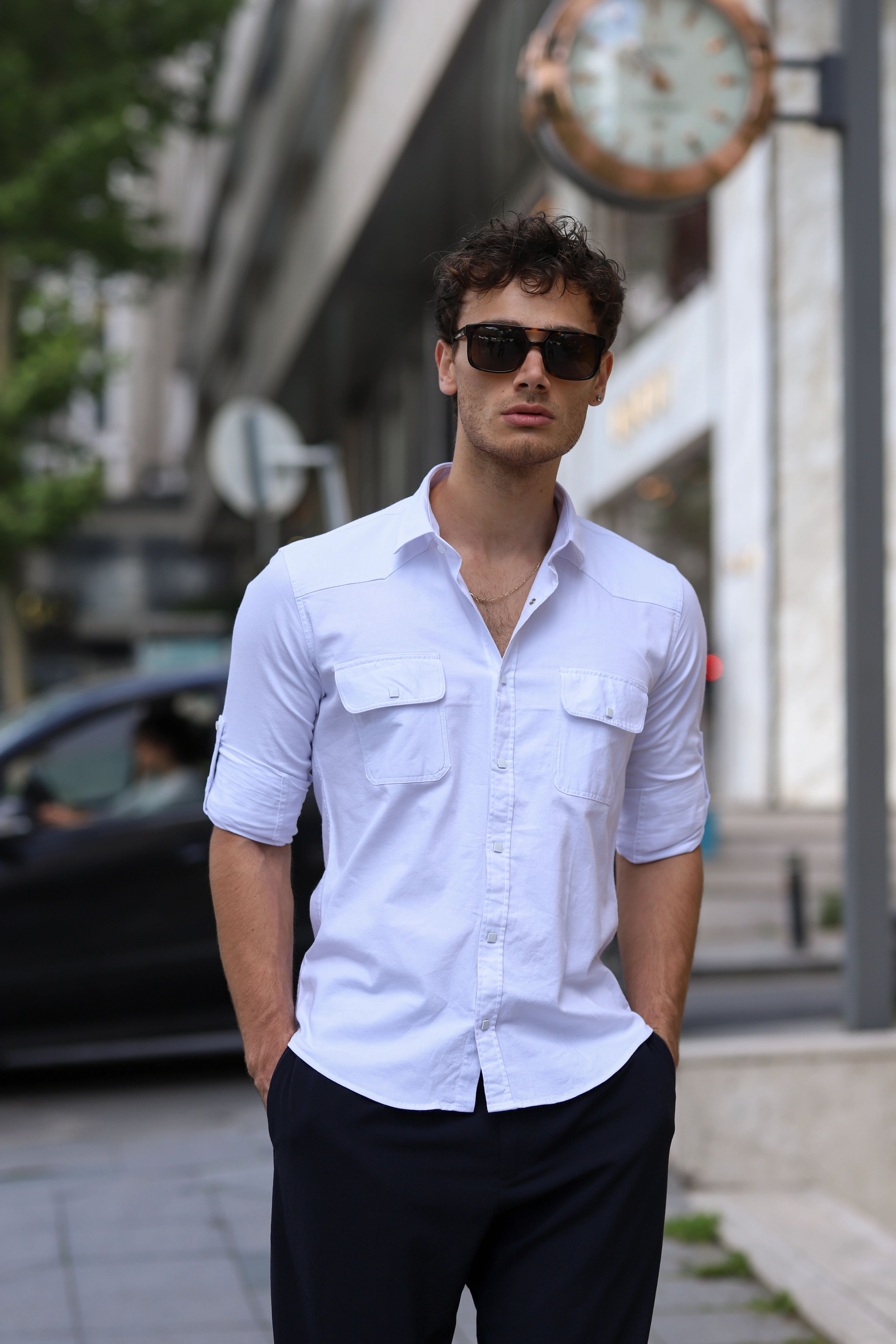 Slim Fit Çıtçıtlı Çift Cepli Gabardin Likra Gömlek - Beyaz