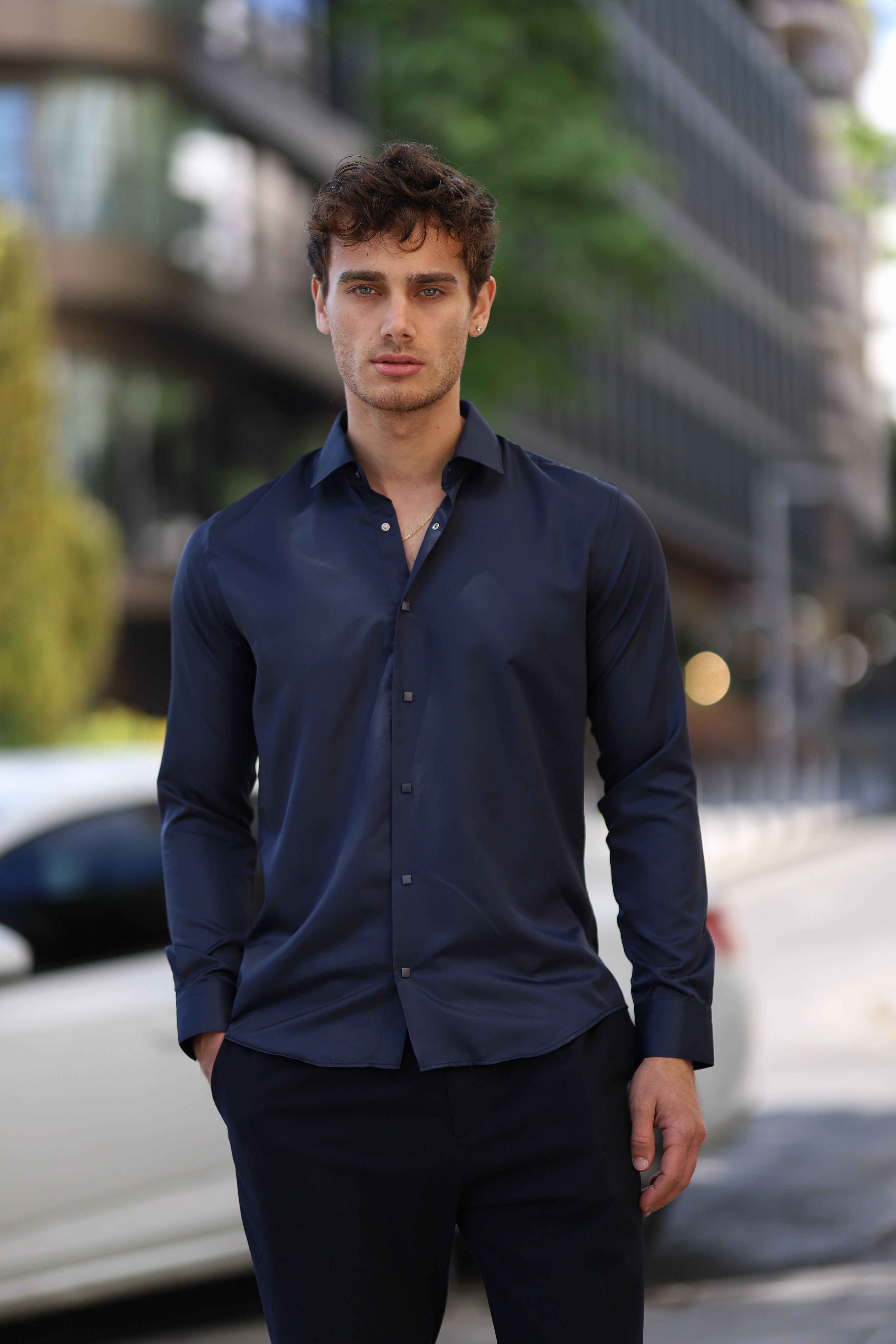 Slim Fit Çıtçıtlı Saten Gömlek