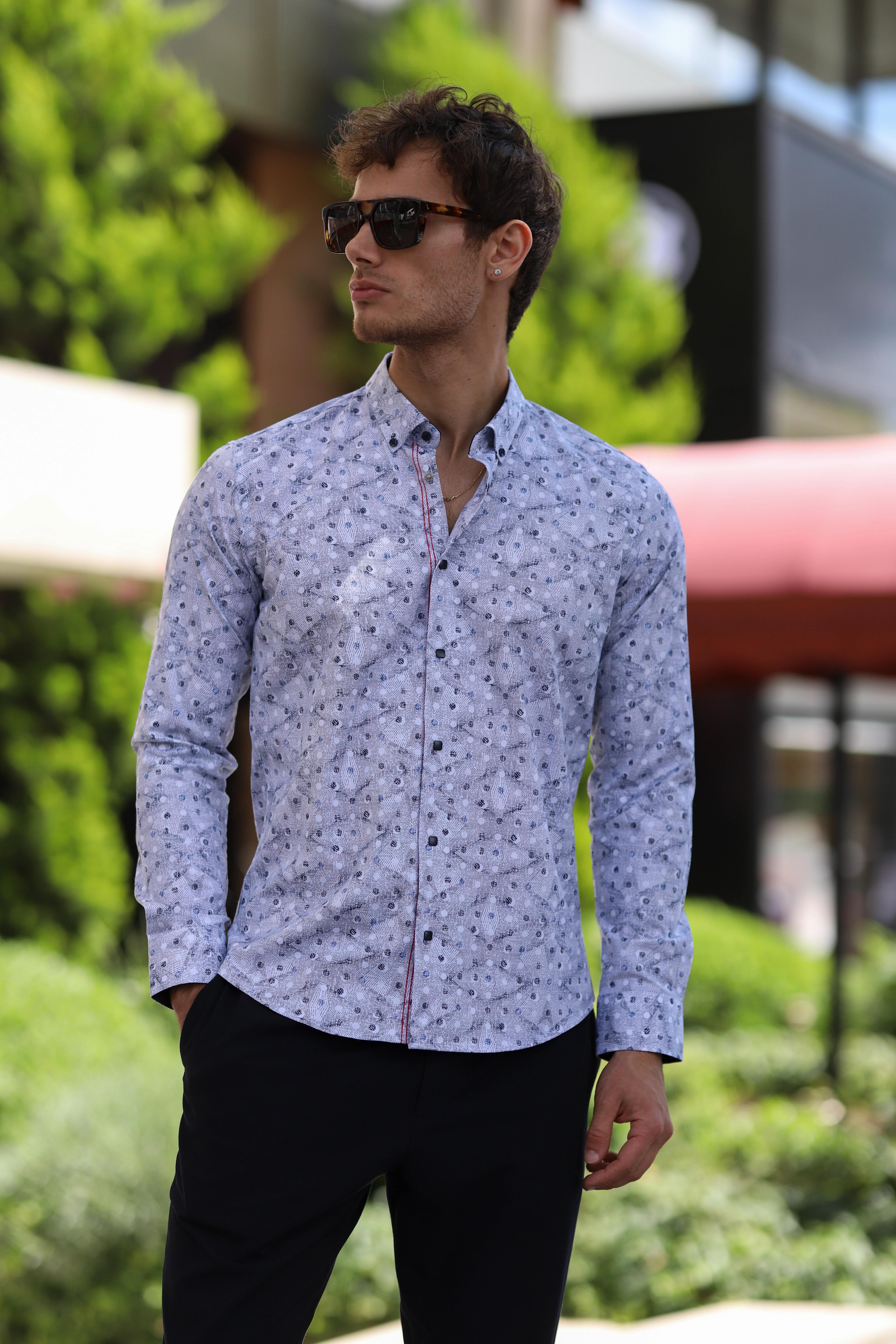 Slim Fit Çıtçıtlı Baskılı Likra Gömlek
