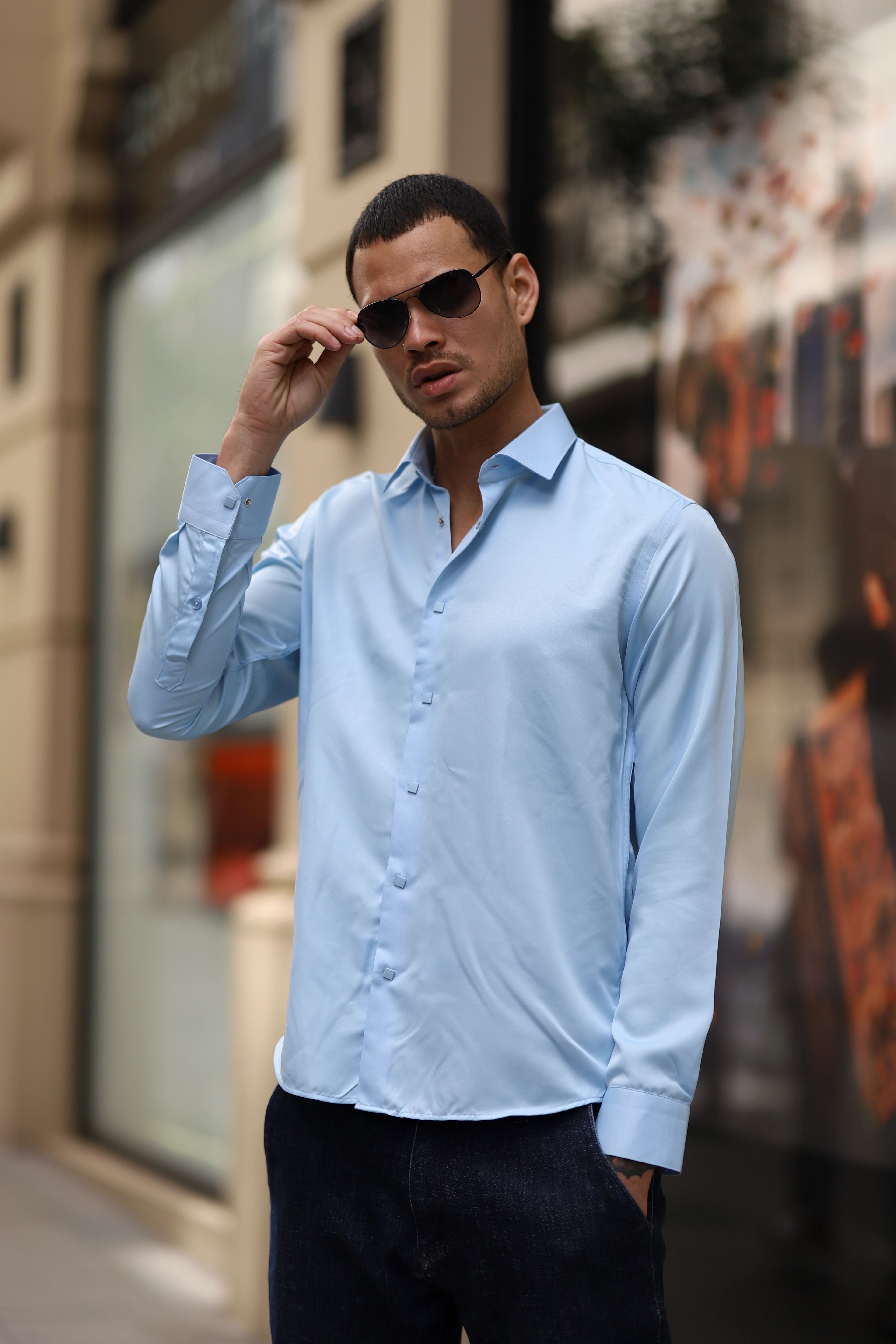 Slim Fit Çıtçıtlı Saten Gömlek