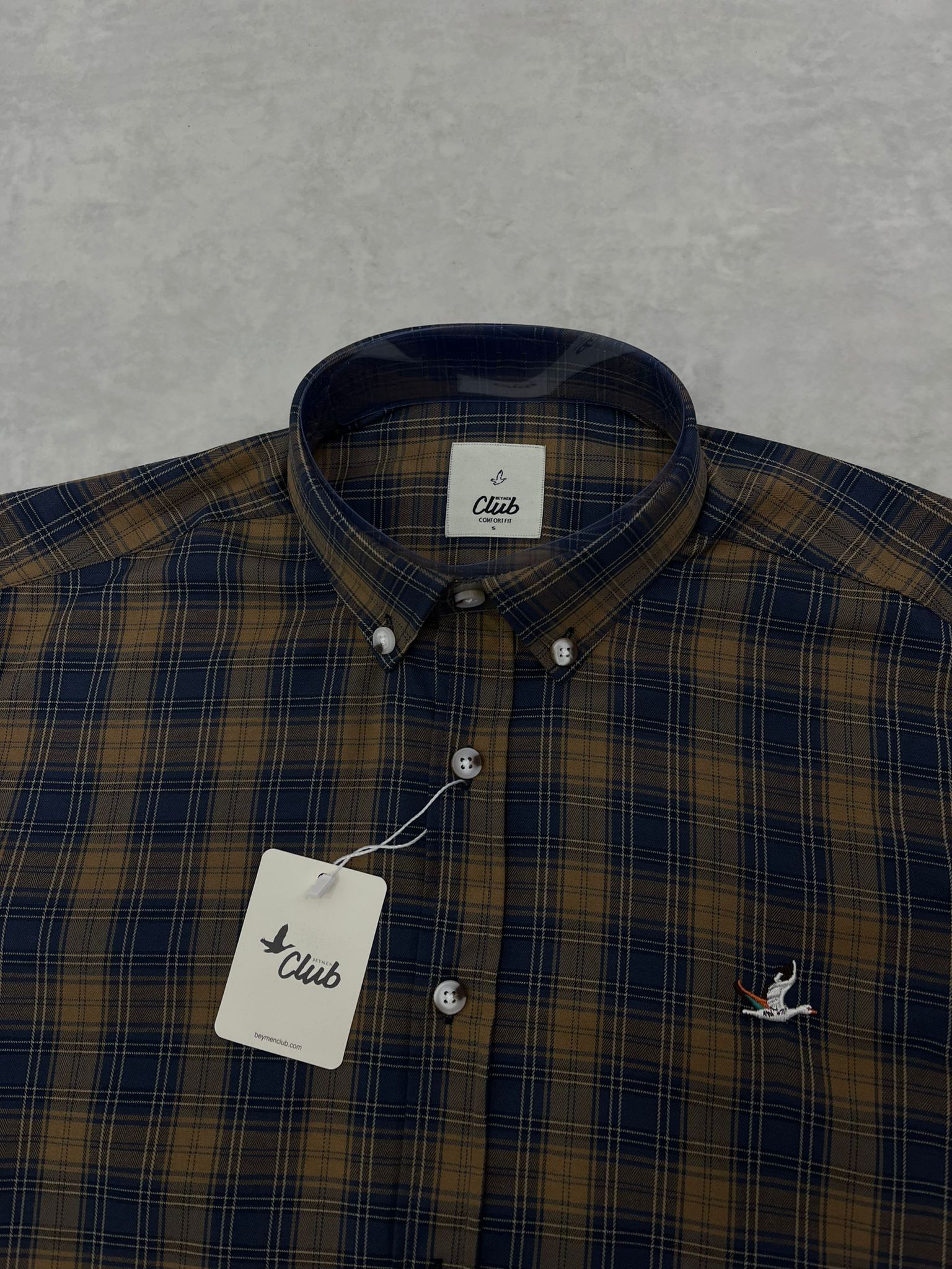 Kışlık Ekoseli Classic Mini Logo Regular Fit Lacivert/Hardal Gömlek