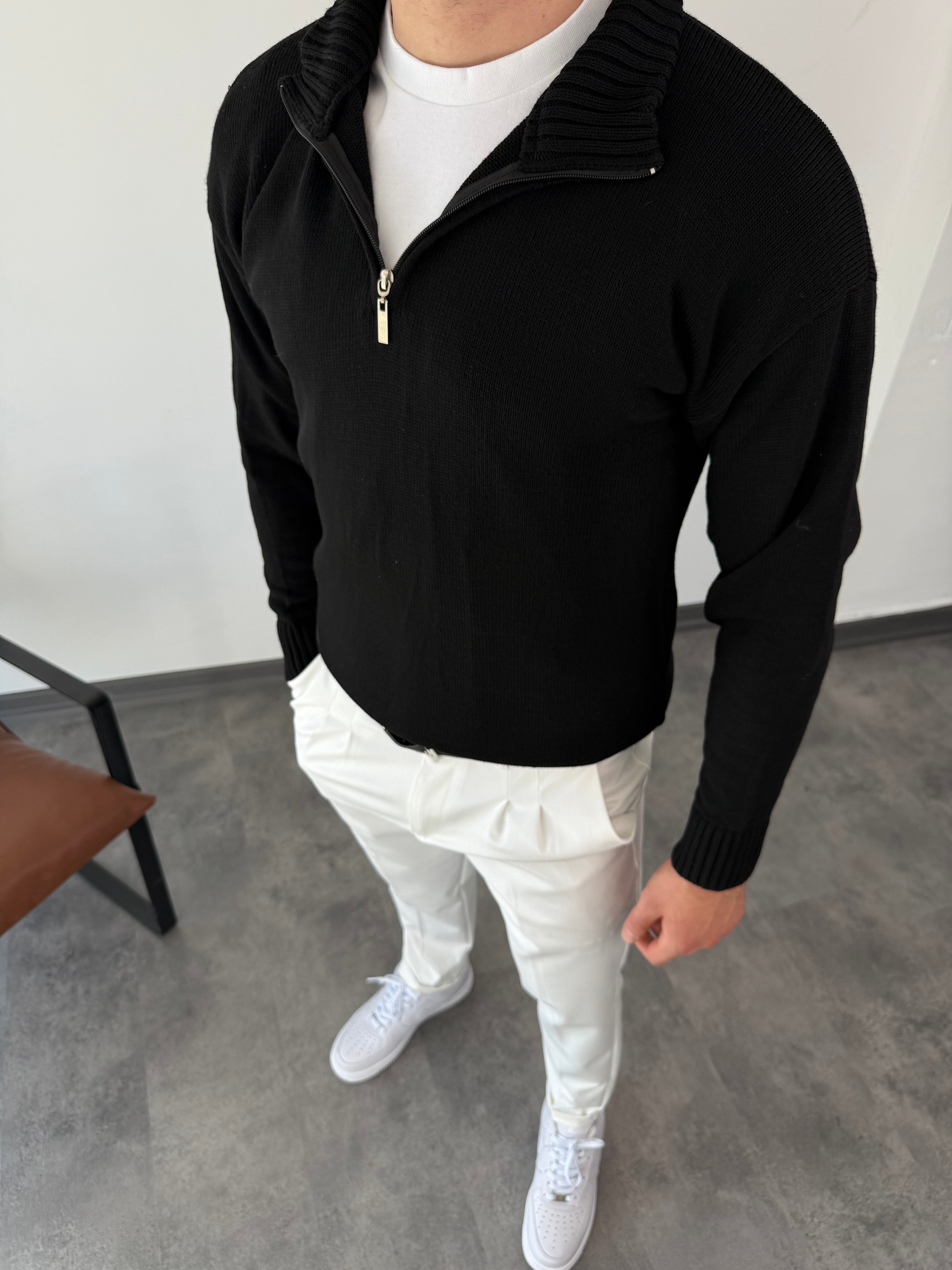 Yeni Sezon Premium Özel Örgü Yarım Fermuarlı Sweatshirt - SİYAH