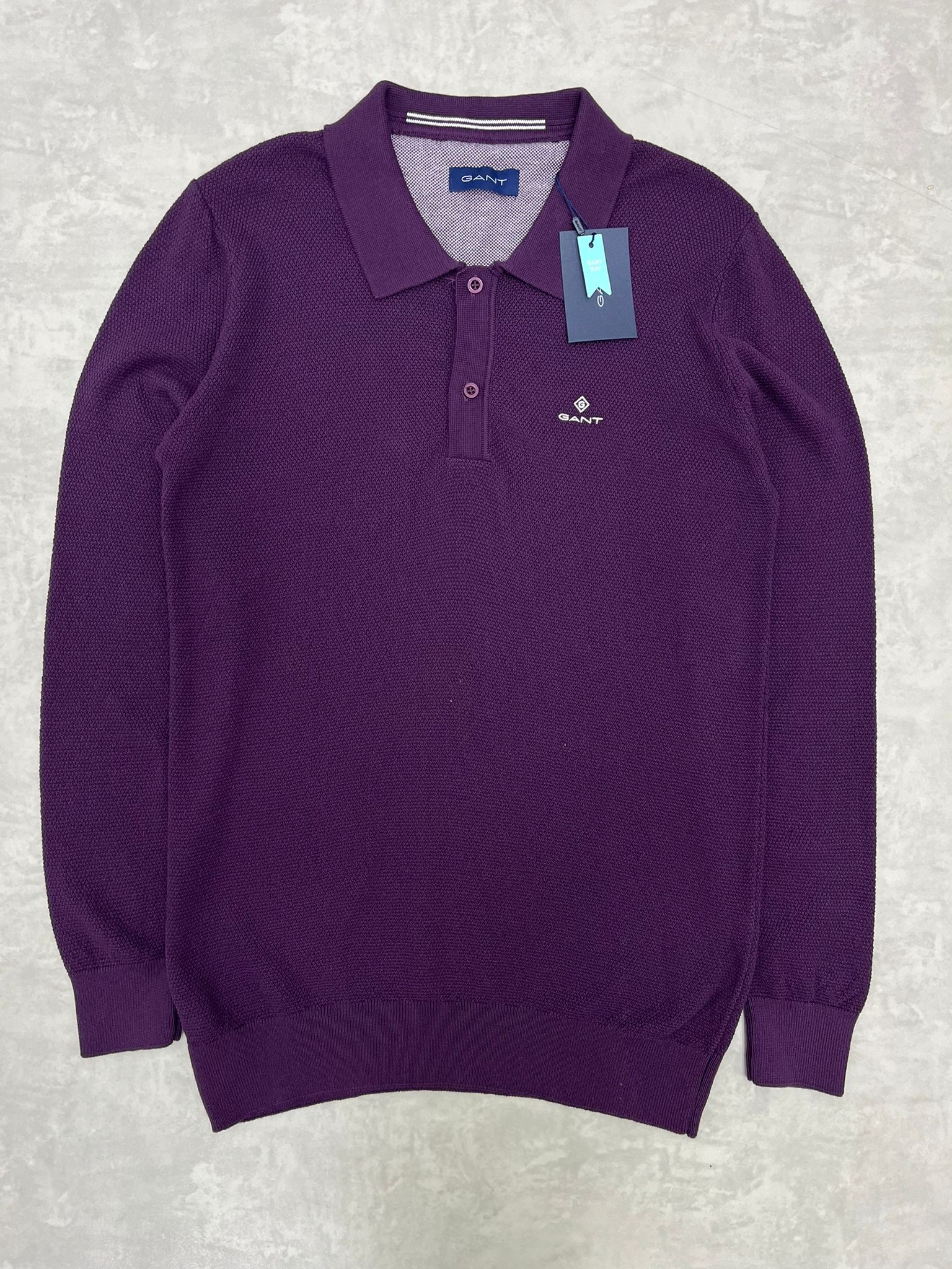 Yeni Classic Basic Logo Örgü Triko Kumaş Polo Yaka Mürdüm Sweatshirt 