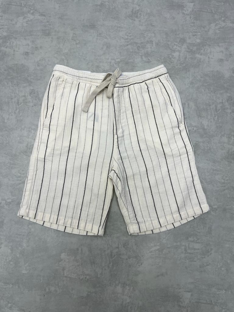 Cream Basic Çizgili Keten Slim Şort