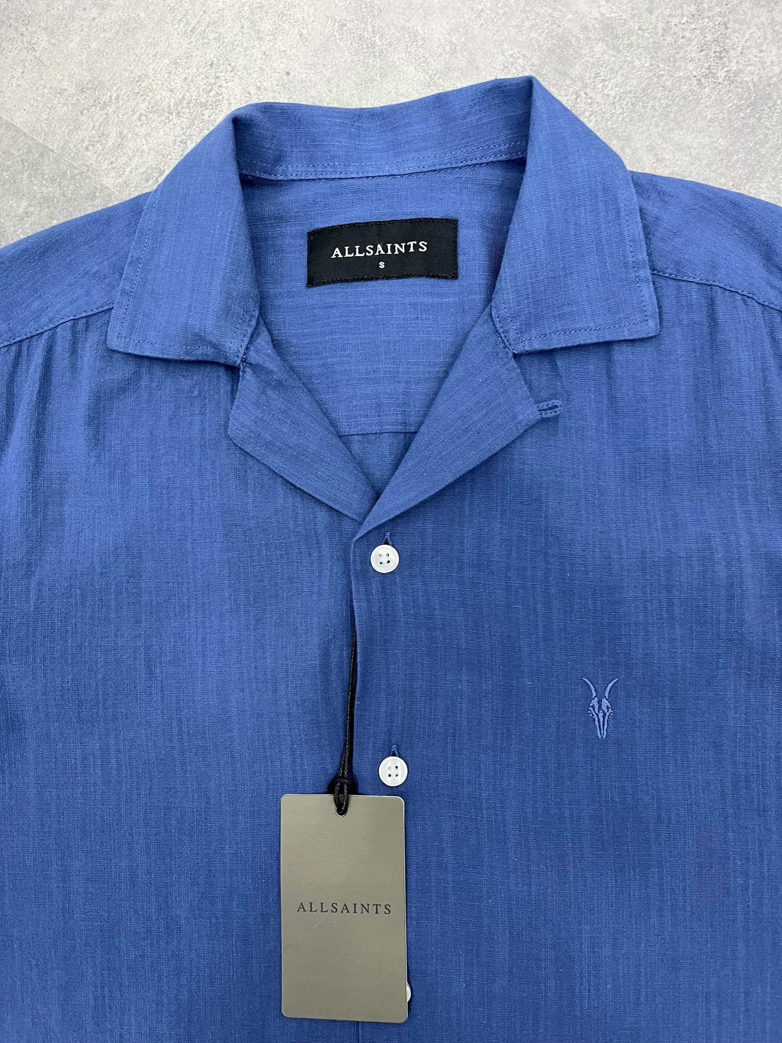 Yeni Sezon Basic Mini Logo Yarım Kollu Keten Blue Gömlek
