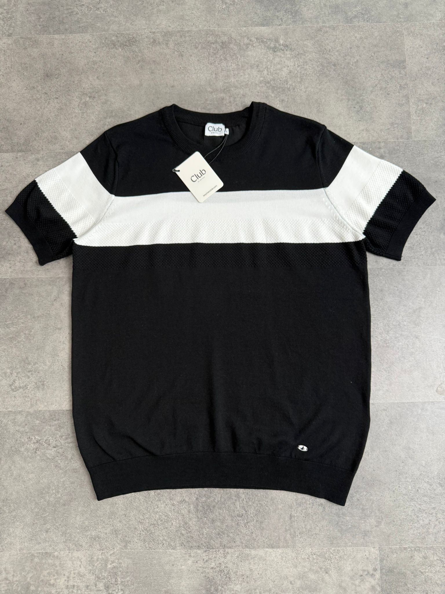 Yeni Sezon Şeritli Çift Renk Triko T-shirt - SİYAH