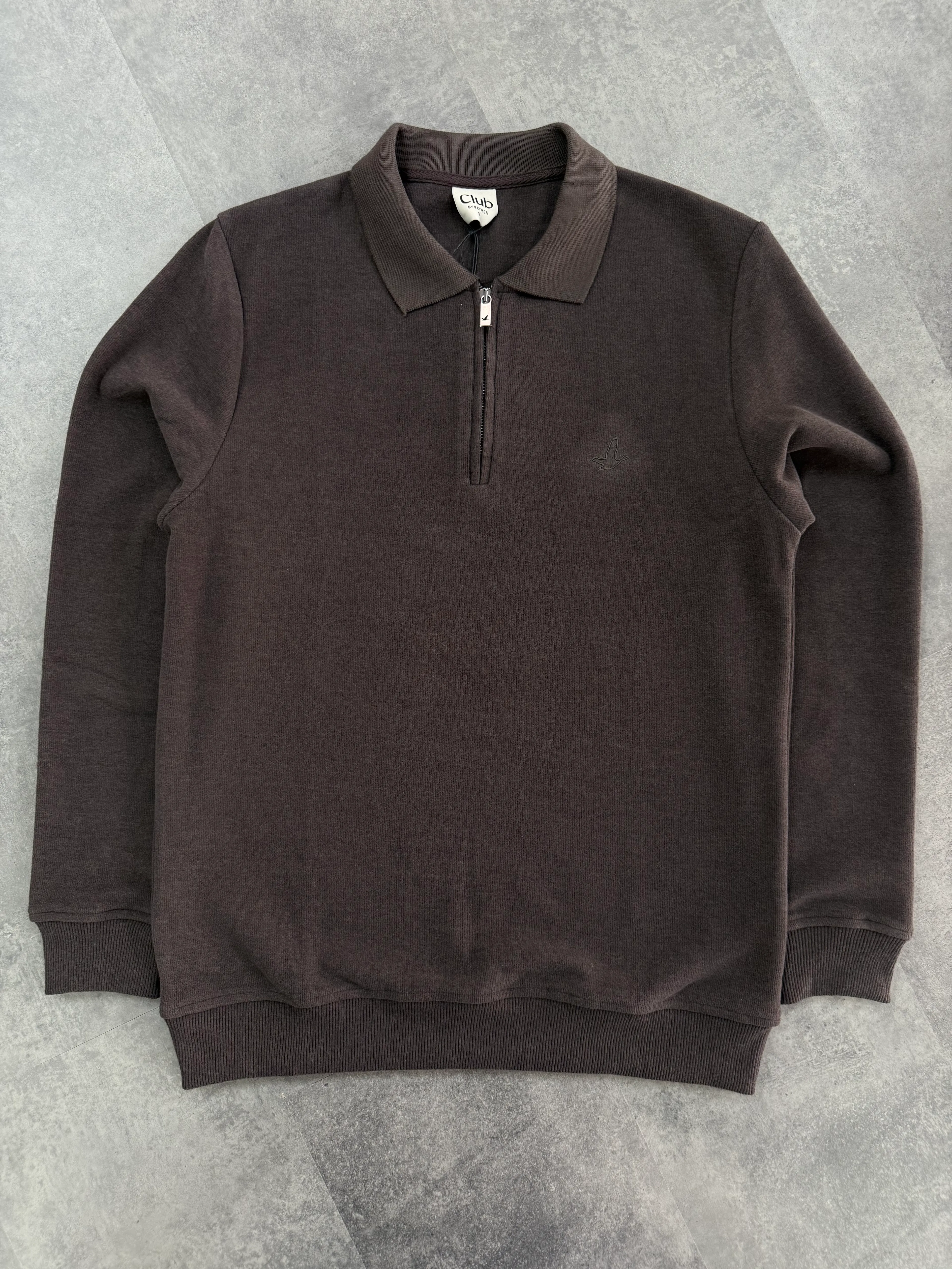 Yeni Sezon Premium Triko Yarım Fermuarlı Sweatshirt - KAHVERENGİ