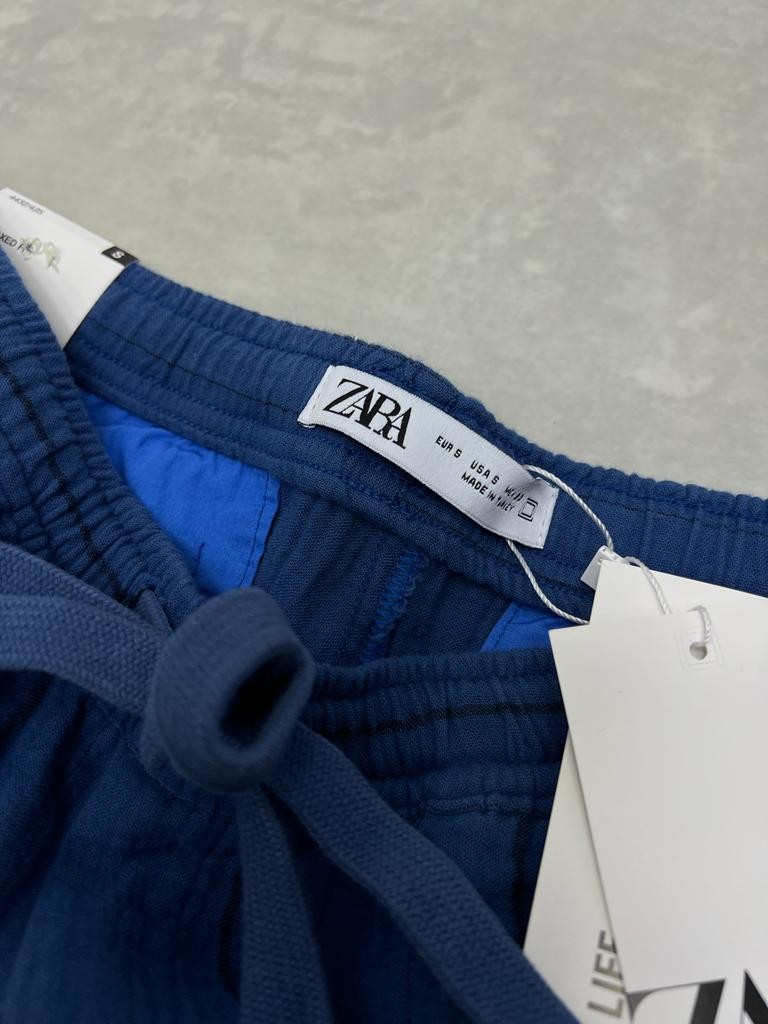 Blue Basic Çizgili Keten Slim Şort