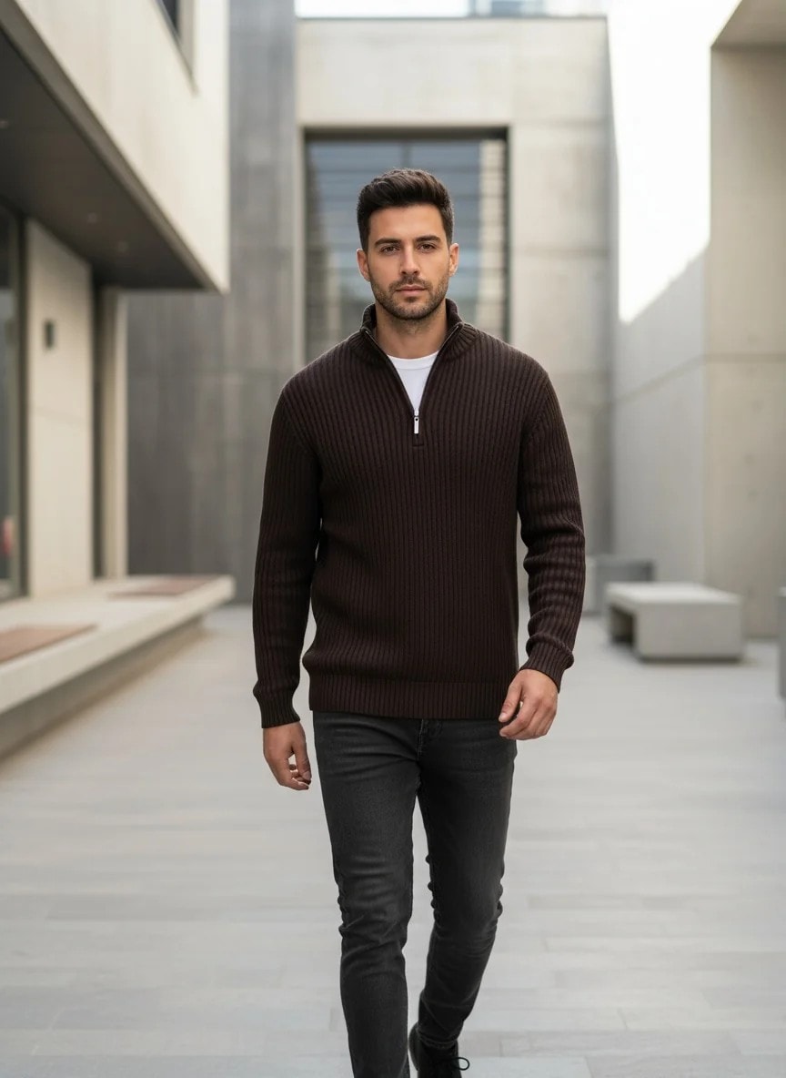 Yeni Sezon Premium Özel Örgü Yarım Fermuarlı Sweatshirt - KAHVERENGİ