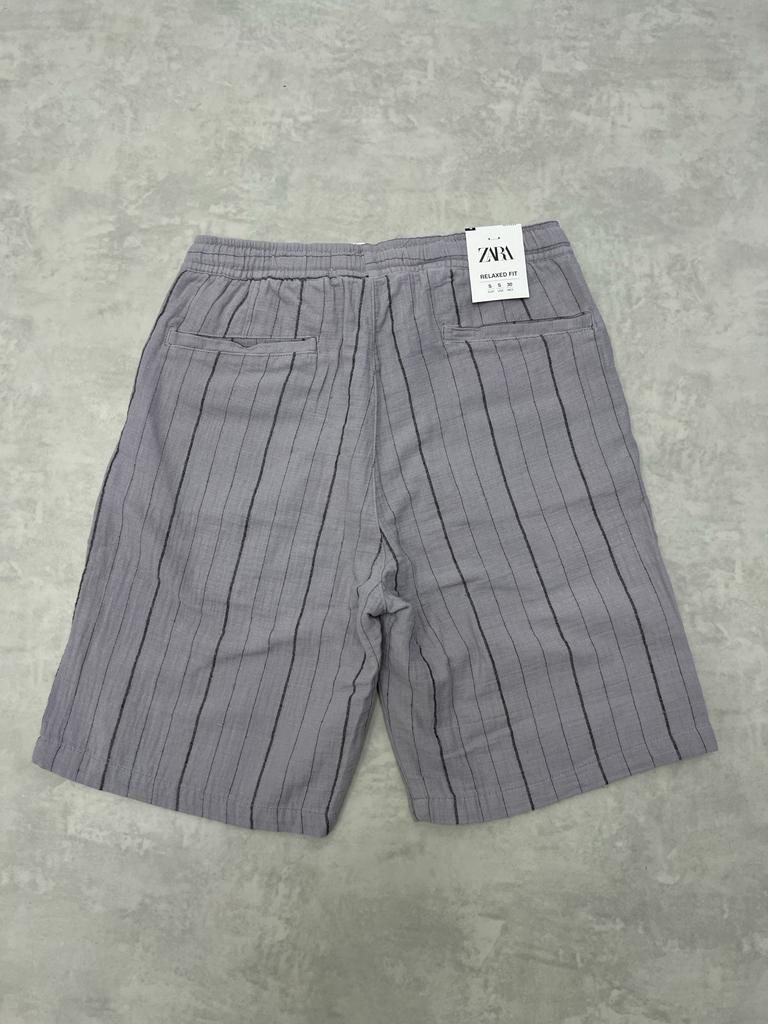 Gray Basic Çizgili Keten Slim Şort