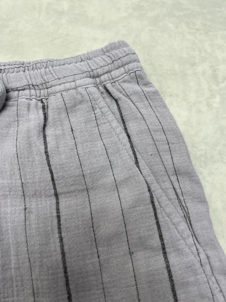 Gray Basic Çizgili Keten Slim Şort