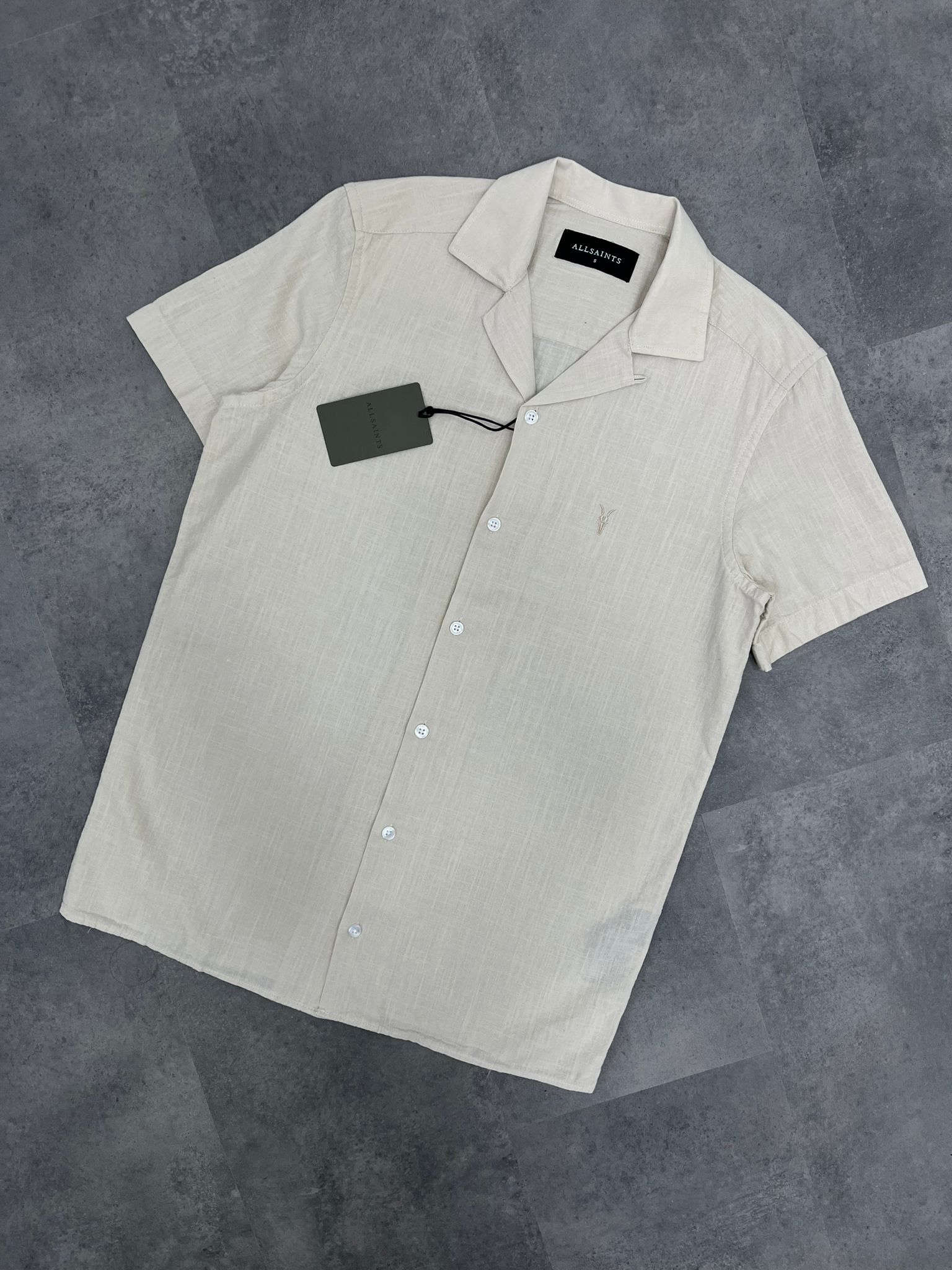 Yeni Sezon Basic Mini Logo Yarım Kollu Keten Cream  Gömlek