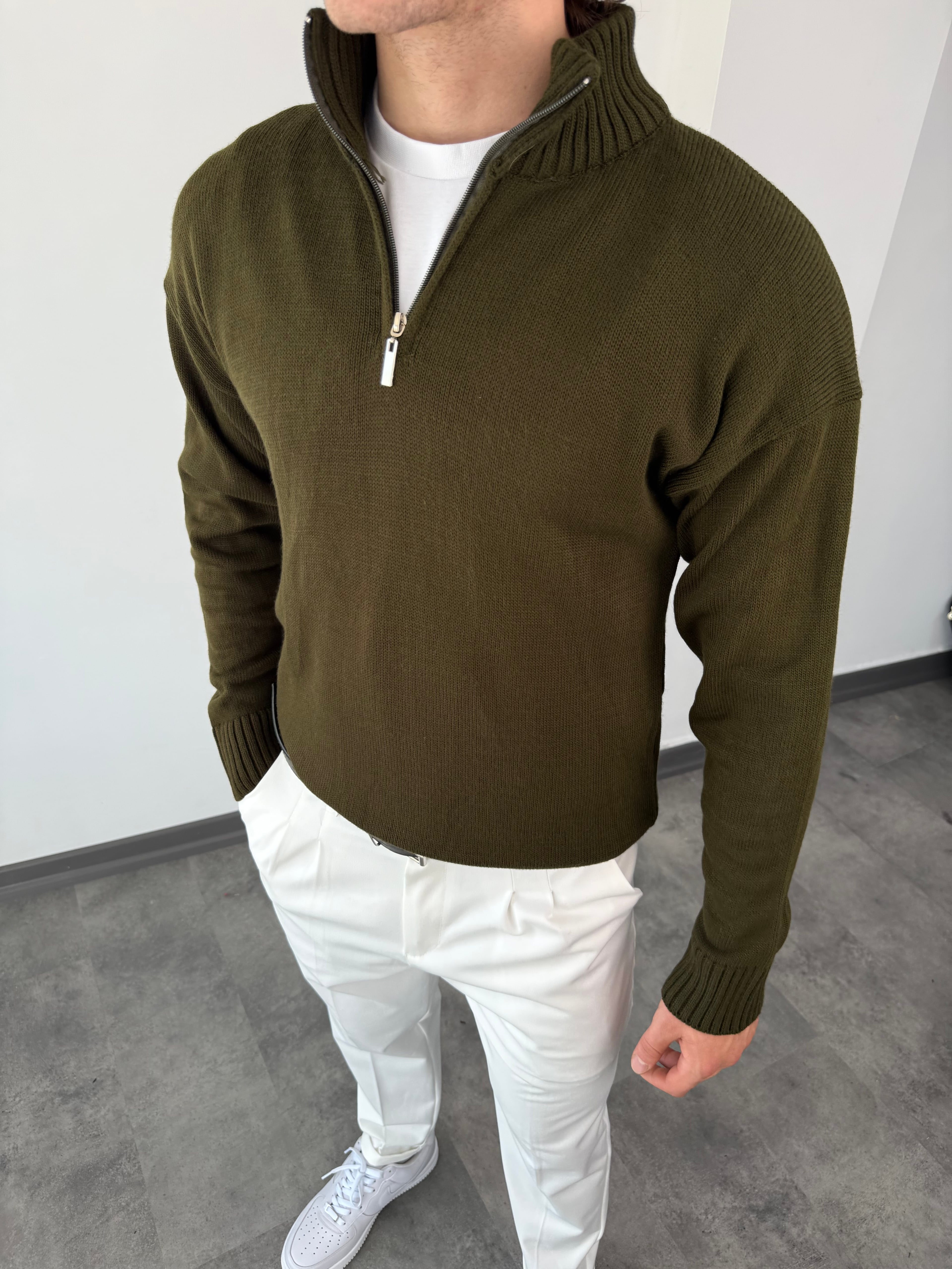 Yeni Sezon Premium Özel Örgü Yarım Fermuarlı Sweatshirt - HAKİ