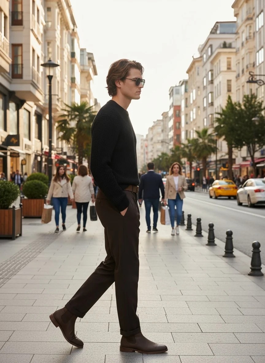 Yeni Sezon Kemerli İtalyan Kumaş Kalın Kışlık Casual Pantalon - KAHVERENGİ