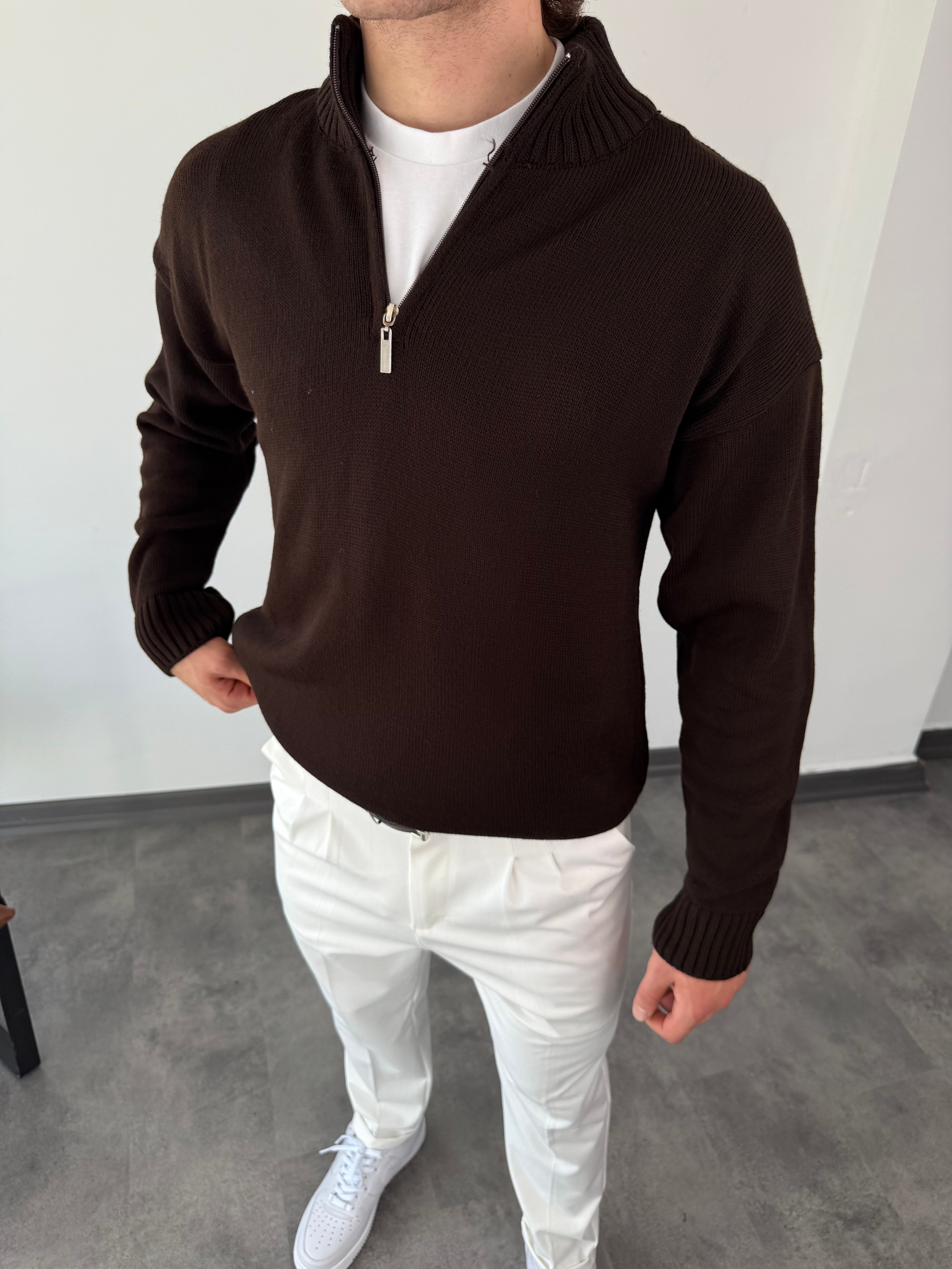 Yeni Sezon Premium Özel Örgü Yarım Fermuarlı Sweatshirt - KAHVERENGİ