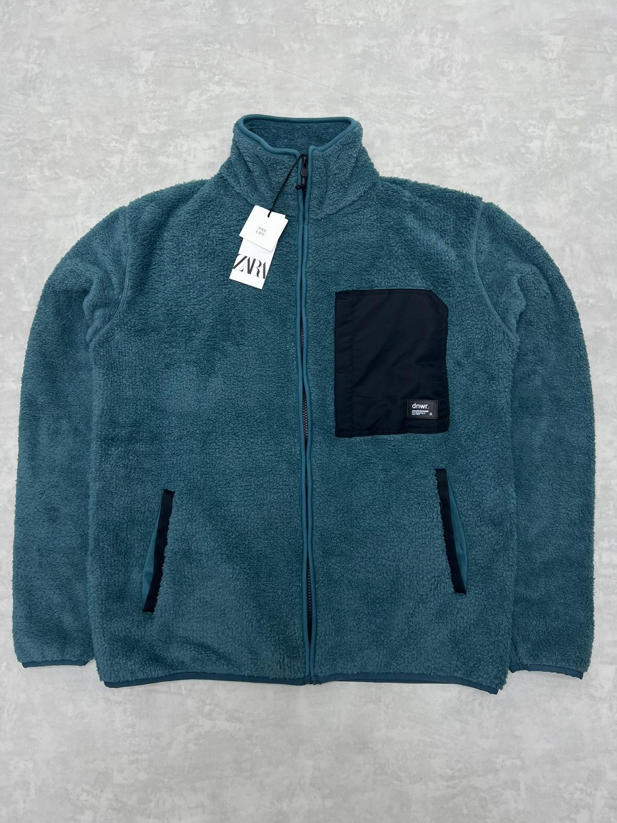 Denim Wear Tam Fermuarlı Petrol Green Peluş Ceket 