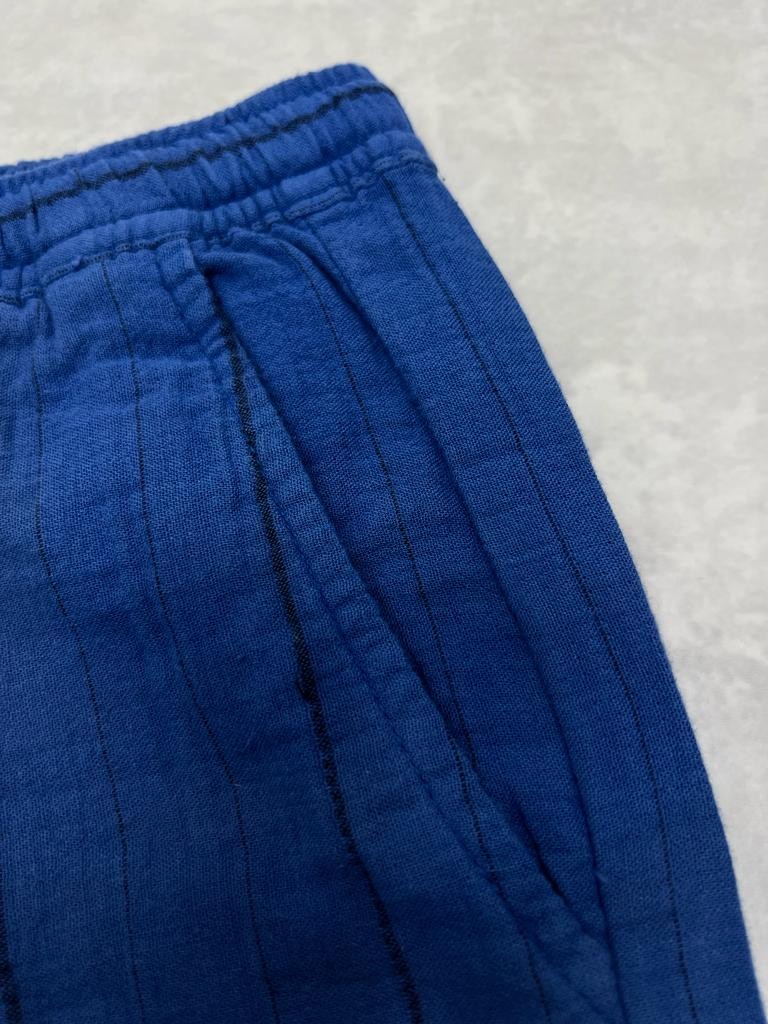 Blue Basic Çizgili Keten Slim Şort