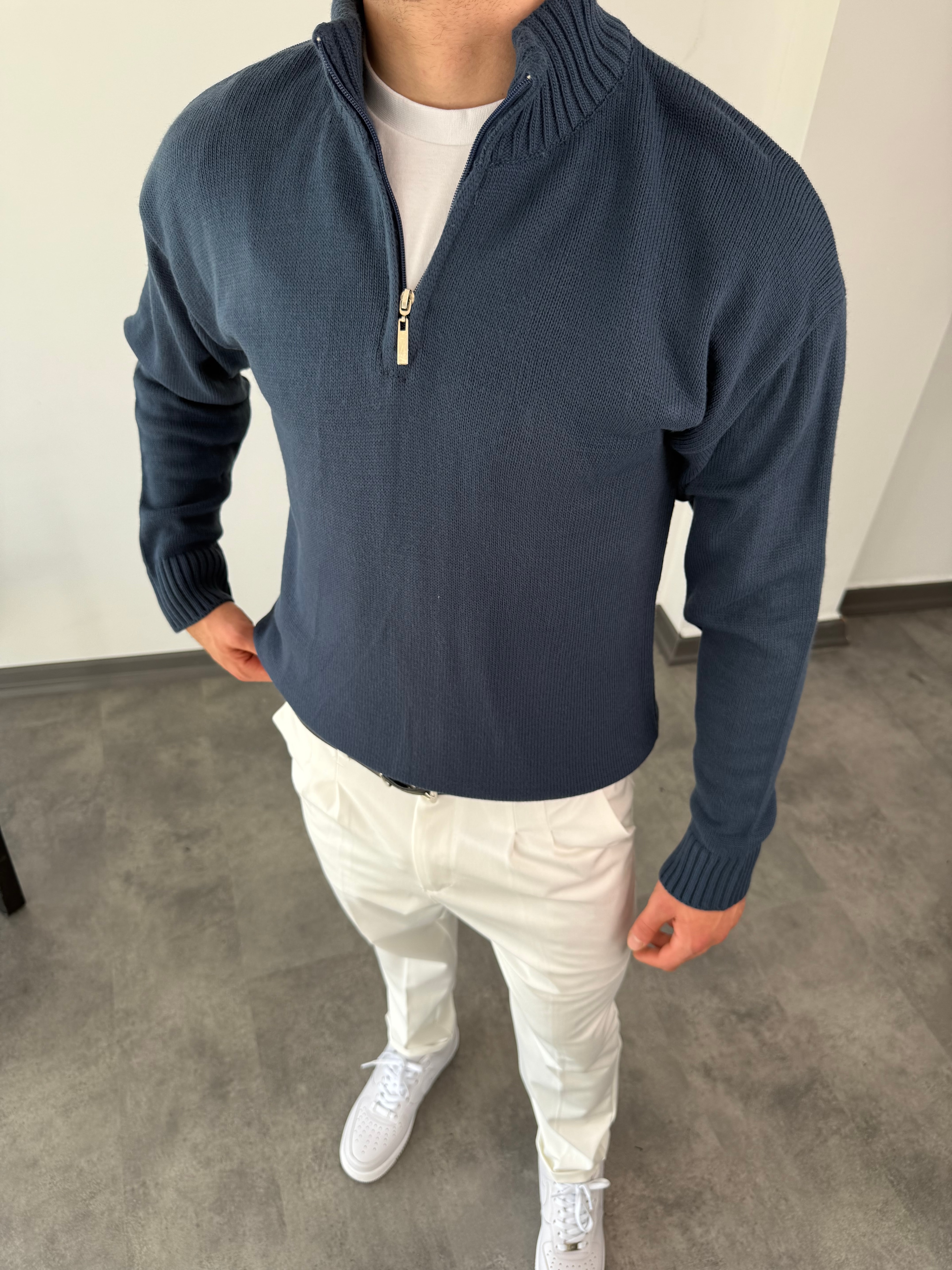 Yeni Sezon Premium Özel Örgü Yarım Fermuarlı Sweatshirt - MAVİ