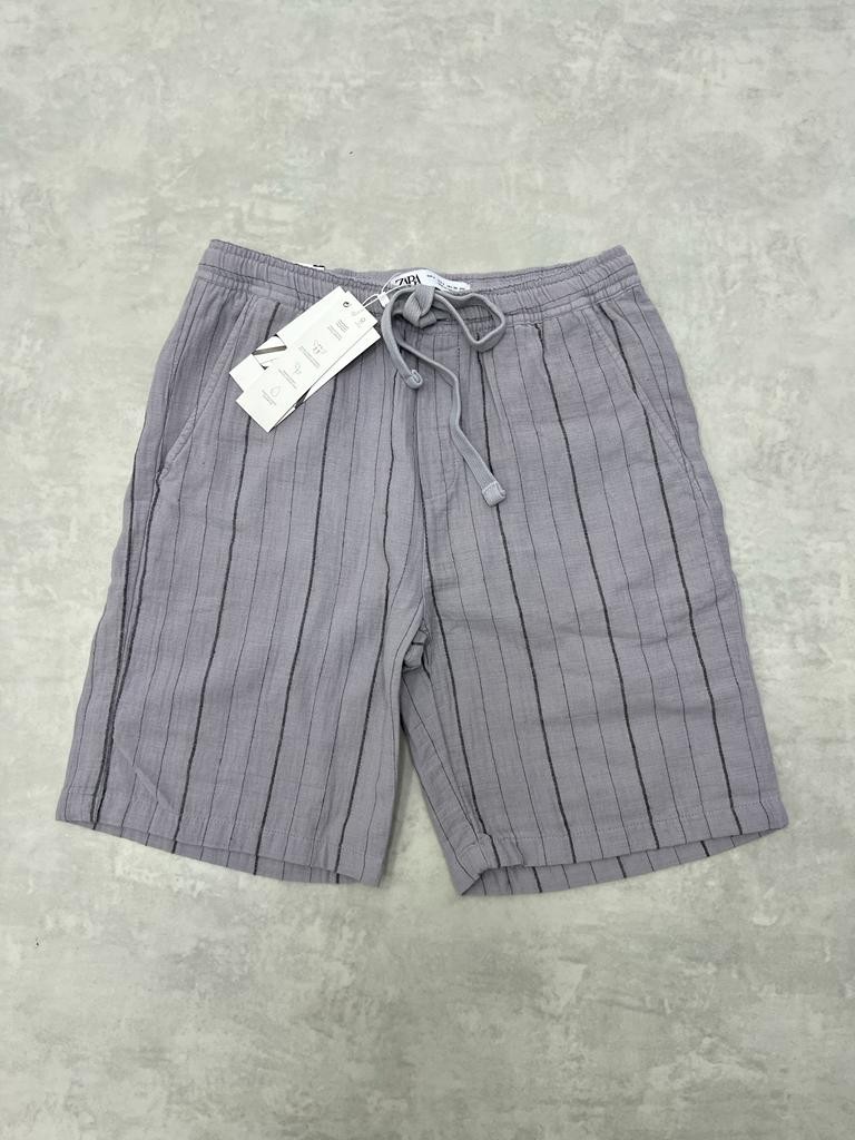 Gray Basic Çizgili Keten Slim Şort