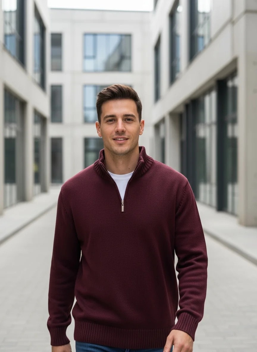 Yeni Sezon Premium Özel Örgü Yarım Fermuarlı Sweatshirt - BORDO